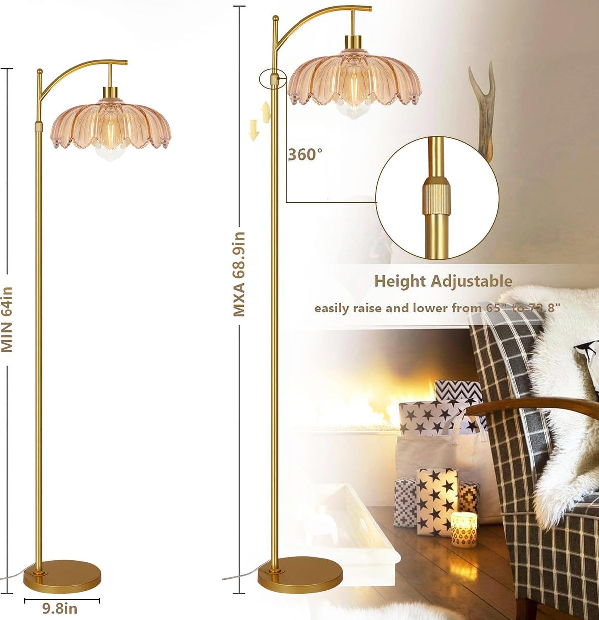 QIYIZM Glass Floor Lamp for Living Room,Bedroom,Gold Dimmable Standing Lamp w...