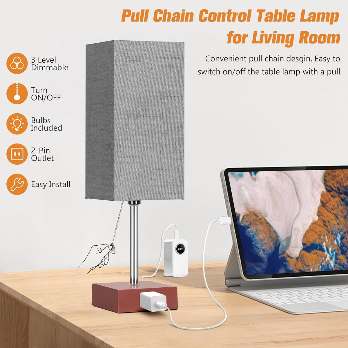 PLMMY Bedside Table Lamp for Bedroom Nightstand, 3 Color Pull Chain Nightstan...