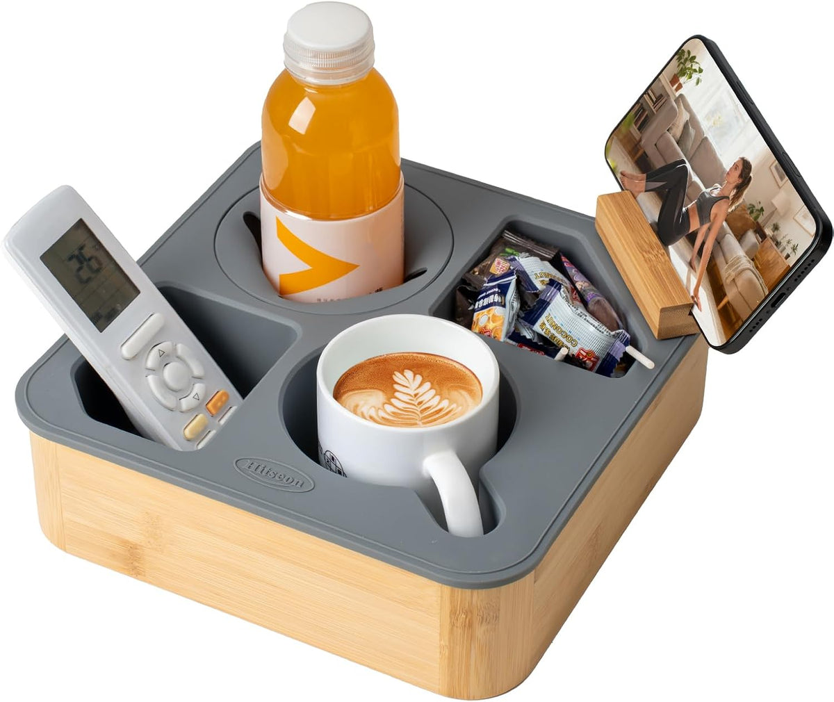 Couch Cup Holder Tray, Bamboo Couch Caddy with Rotatable Phone Holder for Bed...