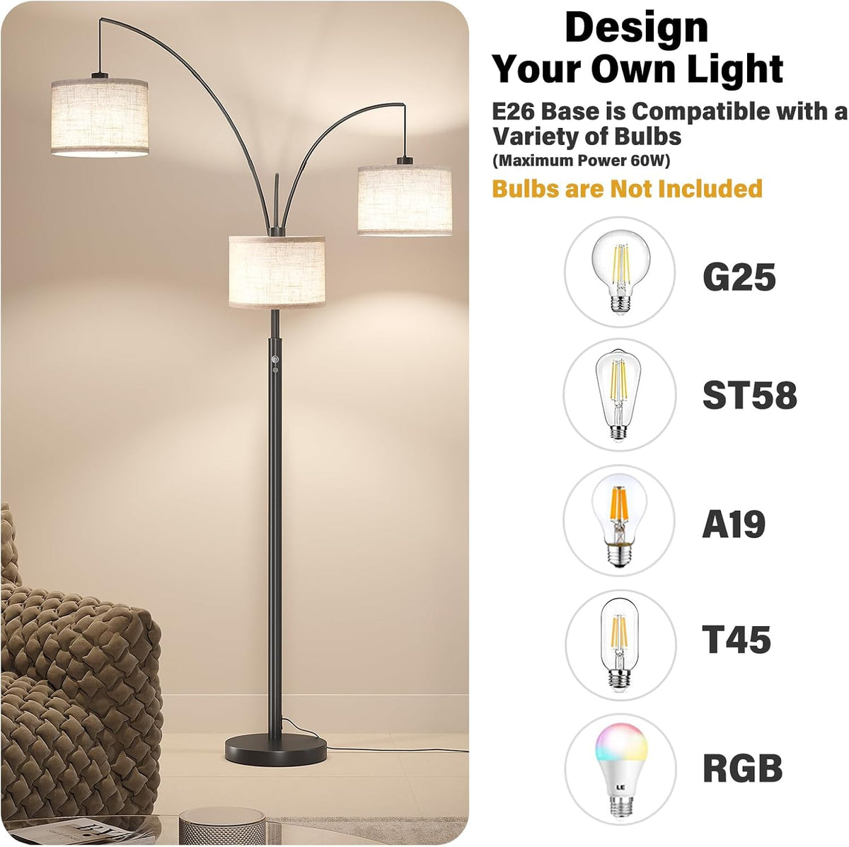 SUNMORY 3 Lights Floor Lamp for Living Room, 78" Tall Standing Lamp with...