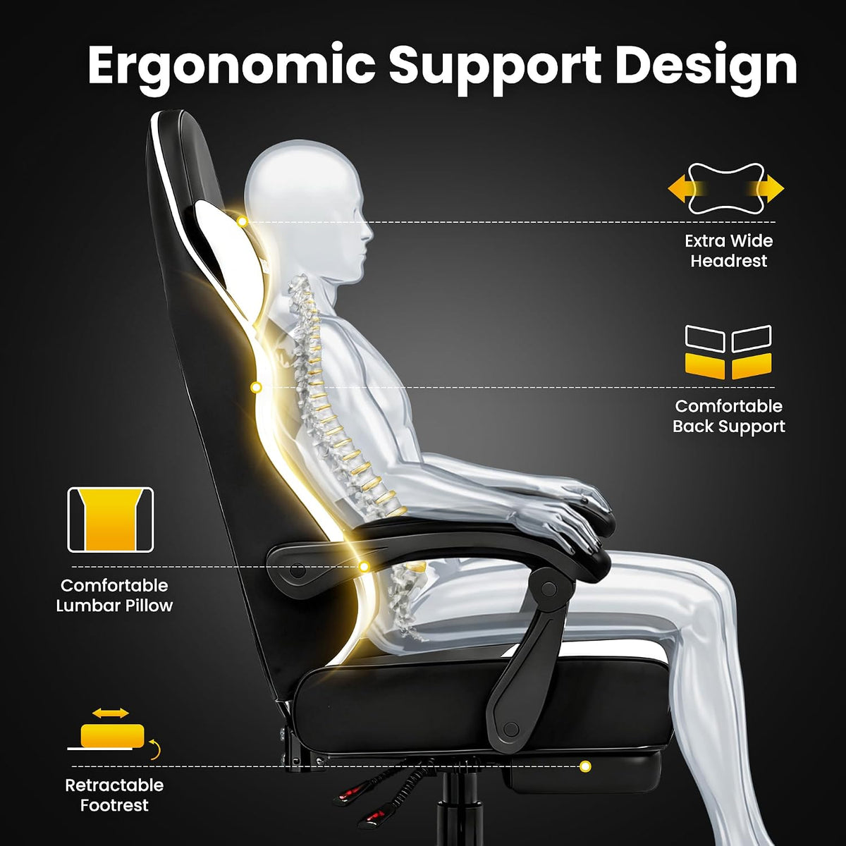 Gaming Chair for Adults with Footrest,Upgraded Ergonomic Chair,Black
