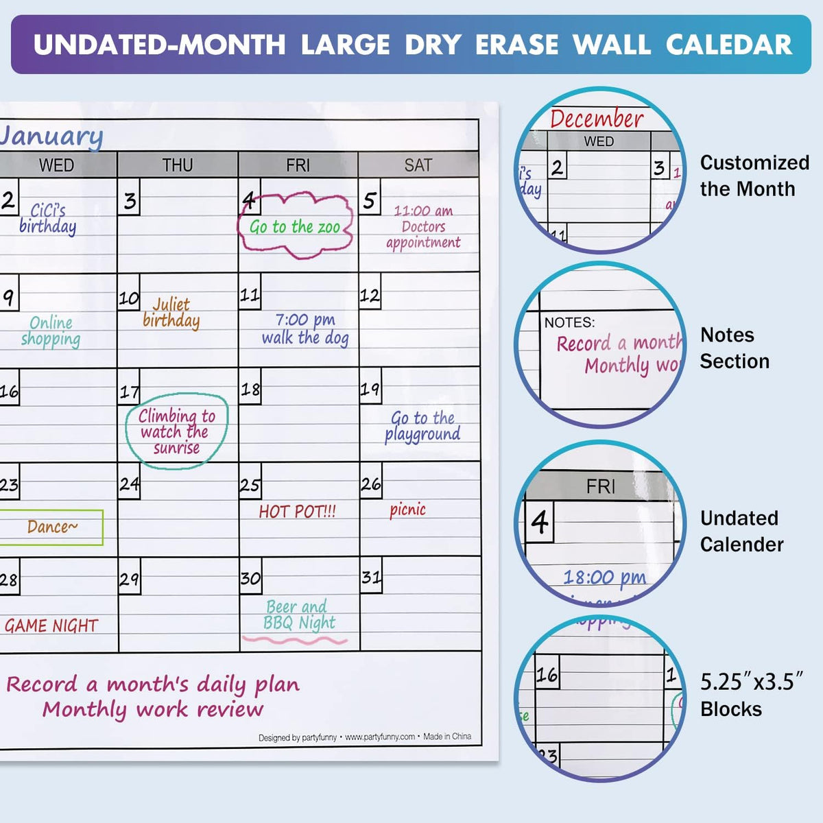 Dry Erase Calendar for Wall Large, 25 x 38 in Monthly Laminated WhiteBoard