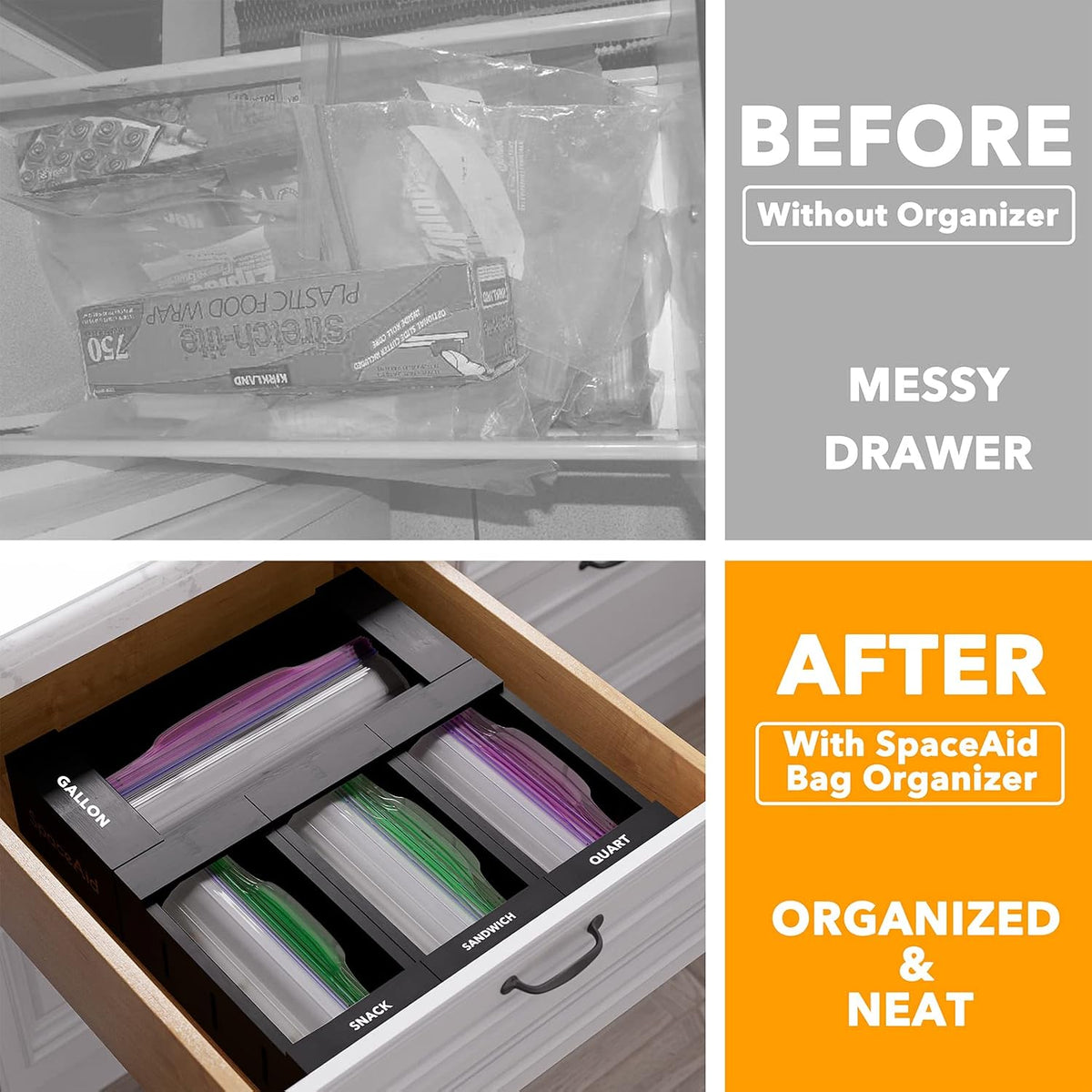 SpaceAid Bag Storage Organizer for Kitchen Drawer, Bamboo Organizer, Compatib...
