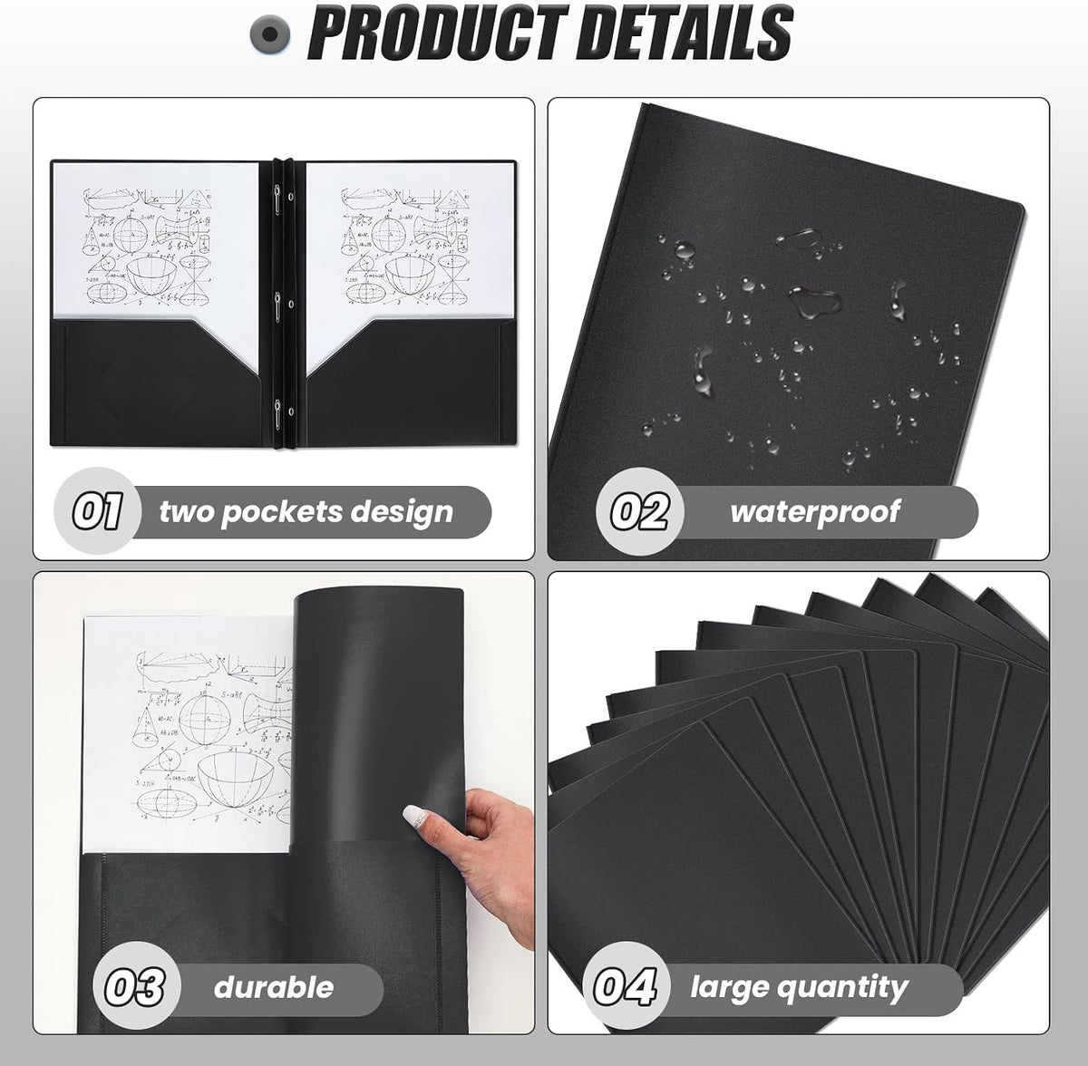 Lincia 100 Pcs Plastic Folders with 3 Prong Fasteners, Black