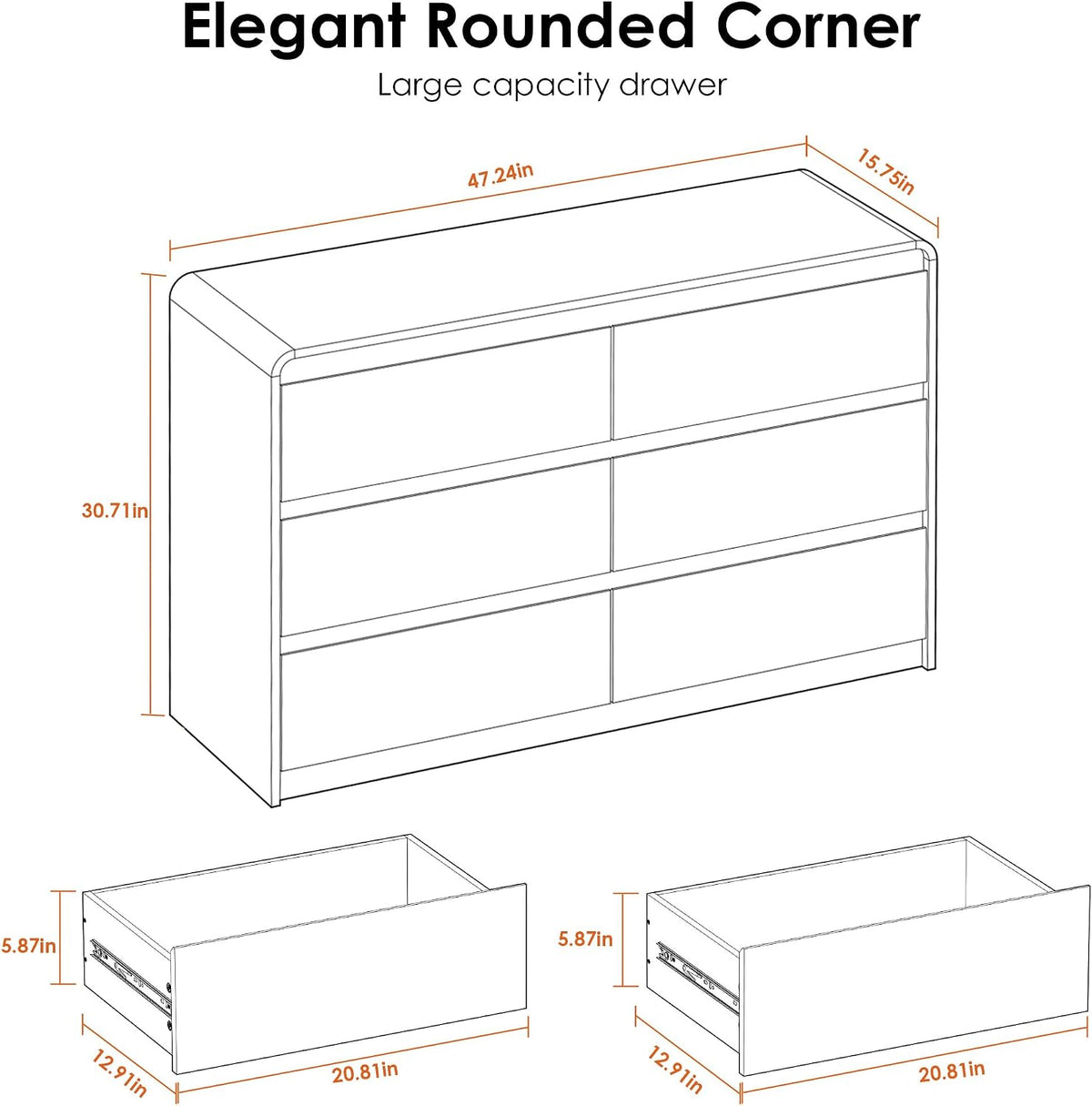 6 Drawer Dresser, 47" Wide Walnut Dresser Wooden Dresser for Bedroom