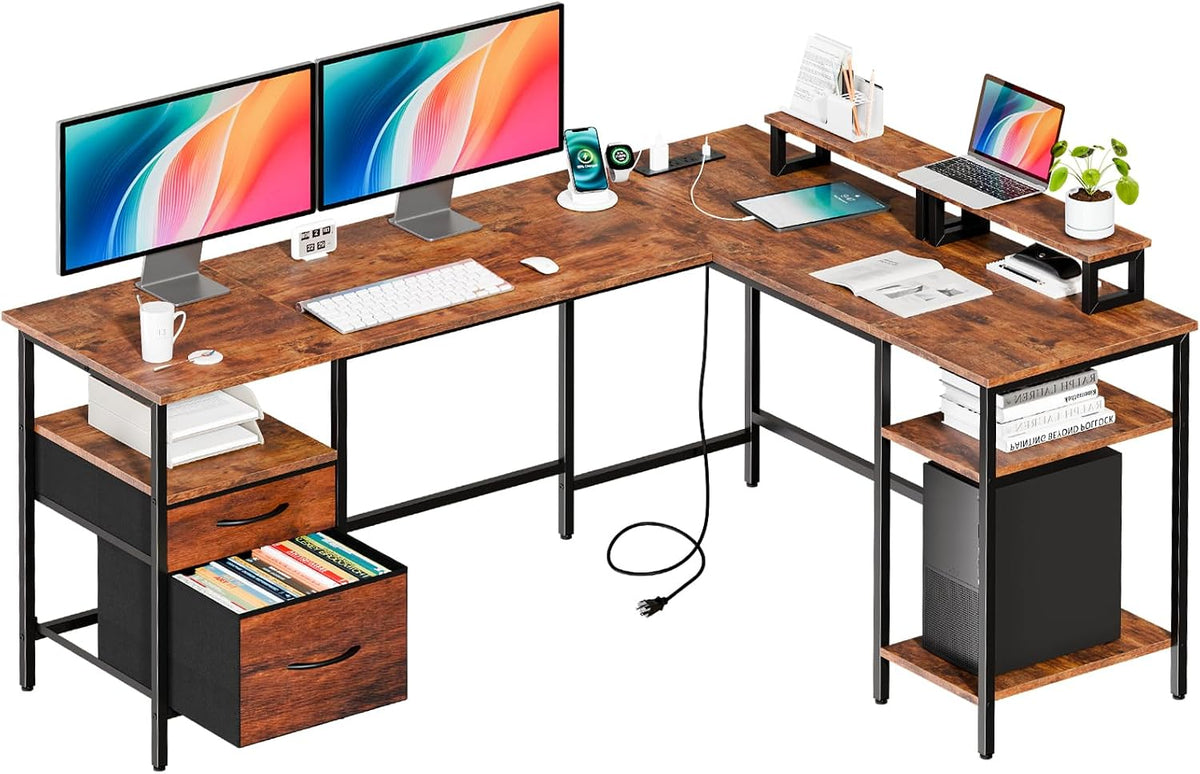 DUMOS 62” L Shaped Desk with Drawers and Power Outlet, Rustic Brown