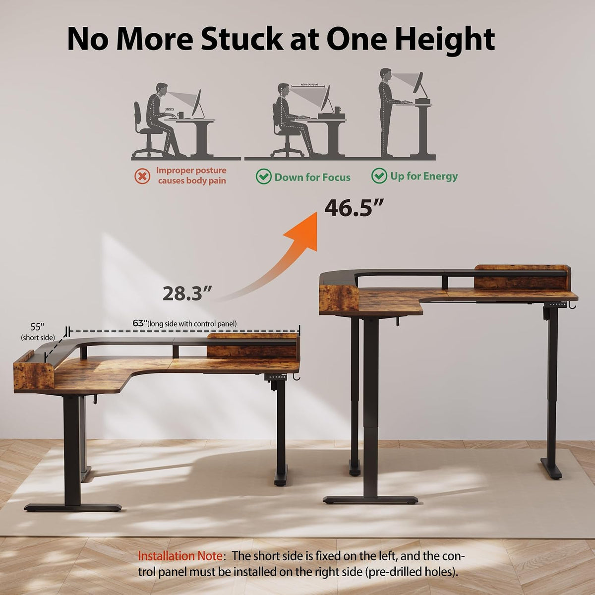 Agilestic L Shaped Standing Desk with Monitor Shelf, 63 Inch, Rustic Brown