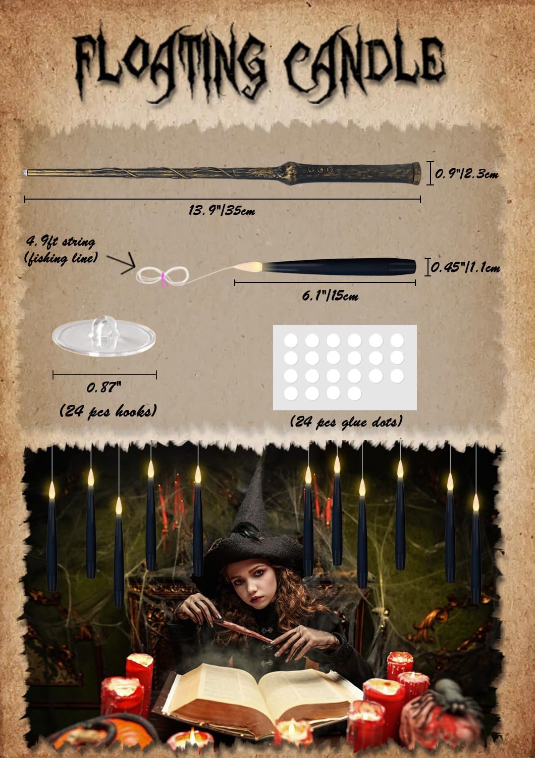 GenSwin Flameless Floating Candles Wand Halloween Decorations Black 22pcs