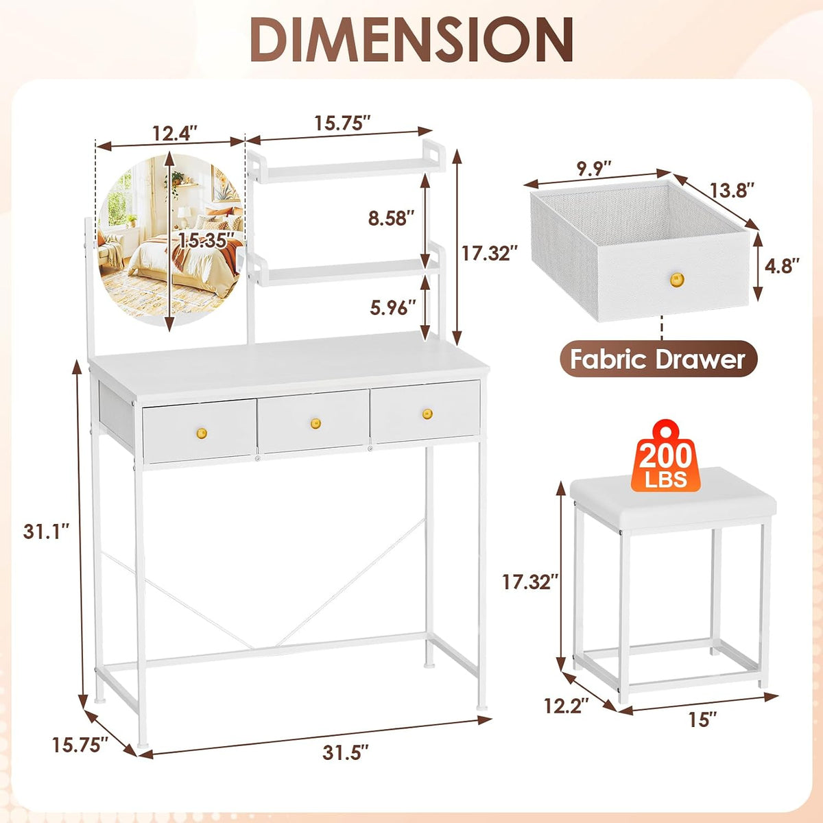 31.5" Vanity Desk with Mirror, Vanity Chair, Drawers, Storage Shelf, White
