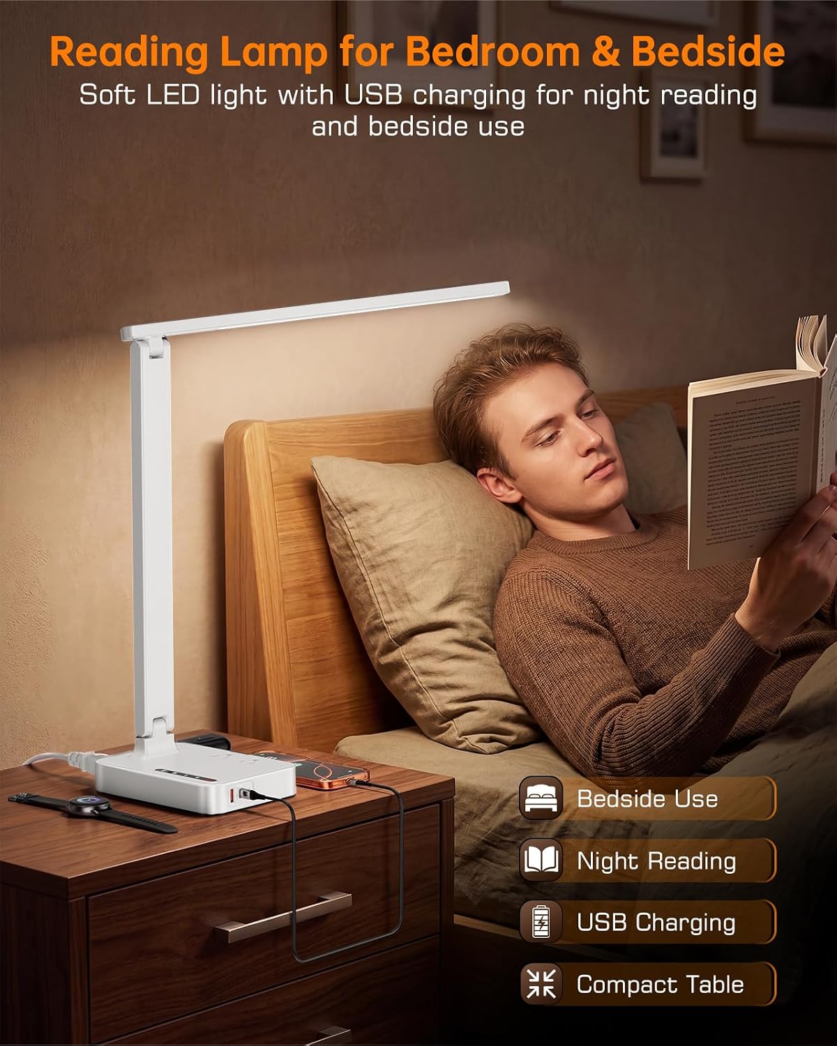 LED Desk Lamp with USB Charging Port for Dorm Office, 800lm, CRI 92, White