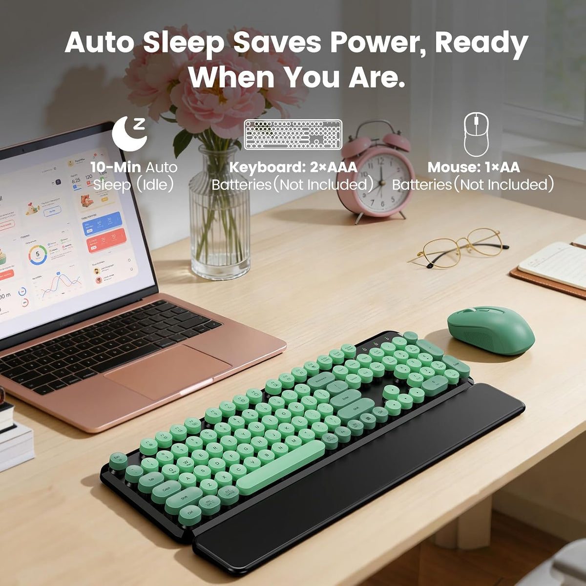 Wireless Keyboard Mouse, Magnetic Wrist Rest, Round Keycaps, Green & Black