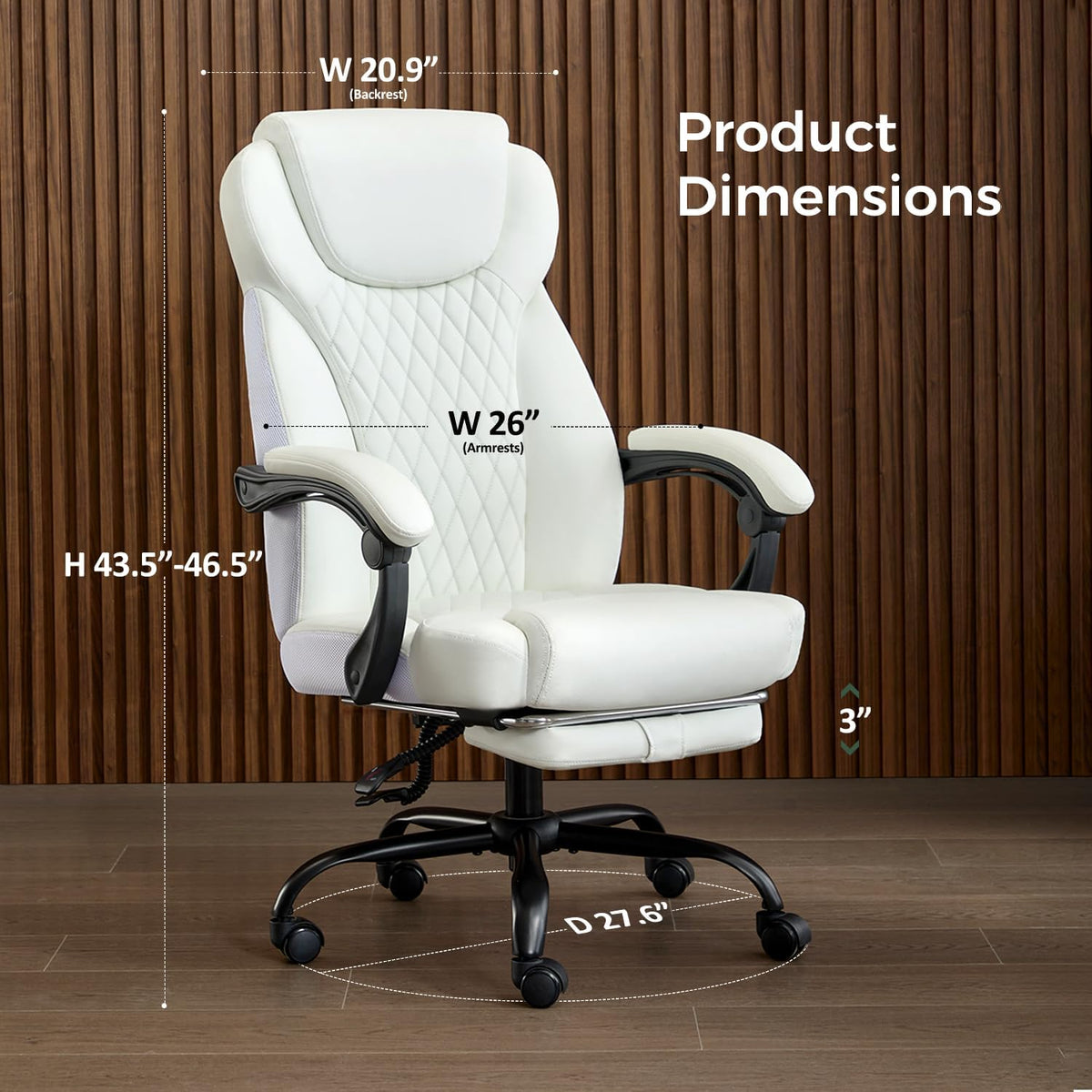 amseatec Big and Tall Office Chair with Footrest, Lumbar Support, White