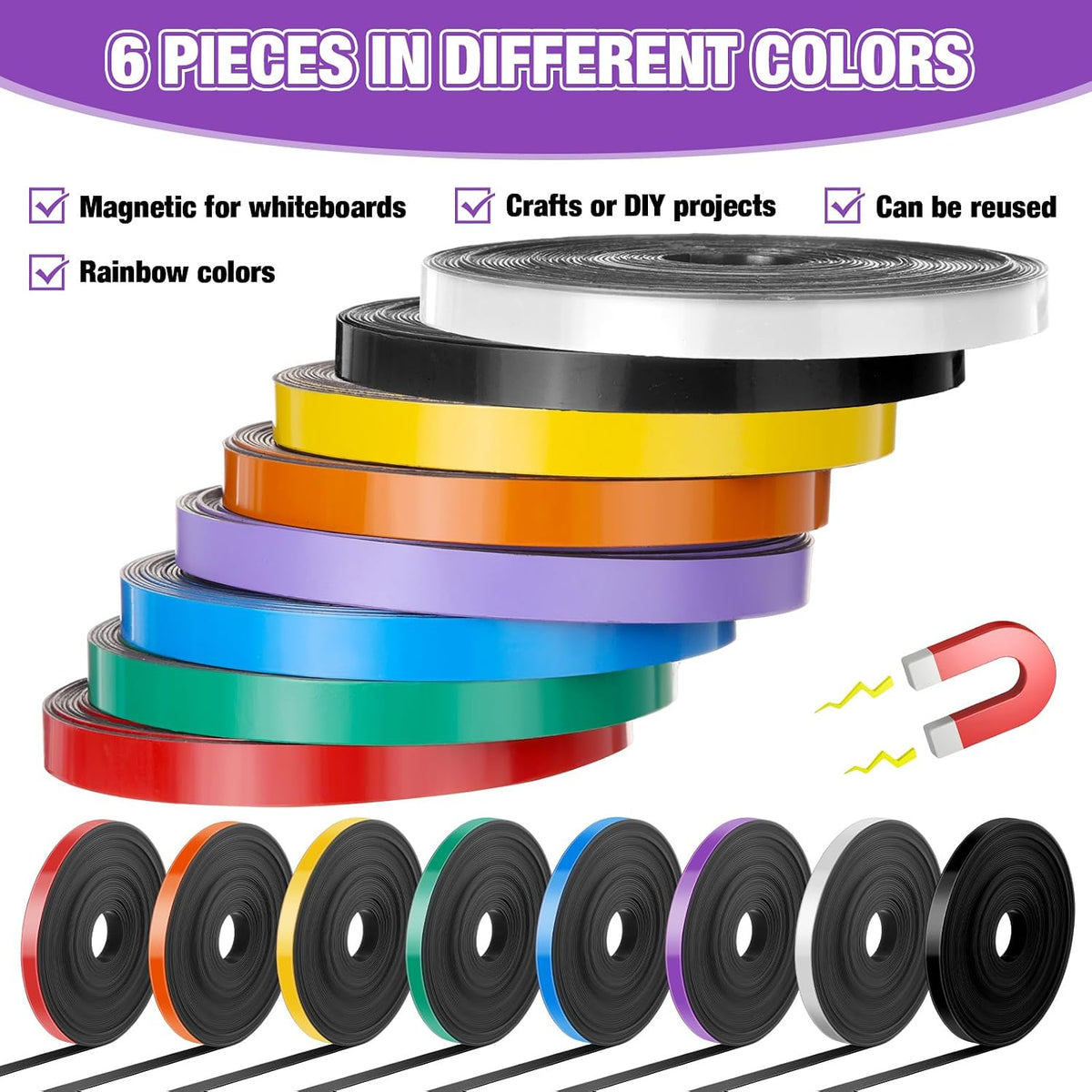 8 Rolls Whiteboard Magnetic Tape Thin Strips, 2/5 Inch x 33 ft, Multicolor