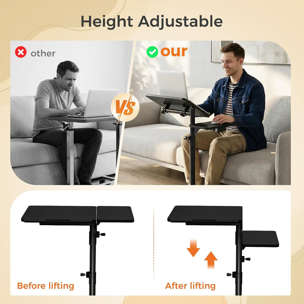 Aothia Small Standing Desk Rolling Table Adjustable Height, Laptop Mobile Sta...