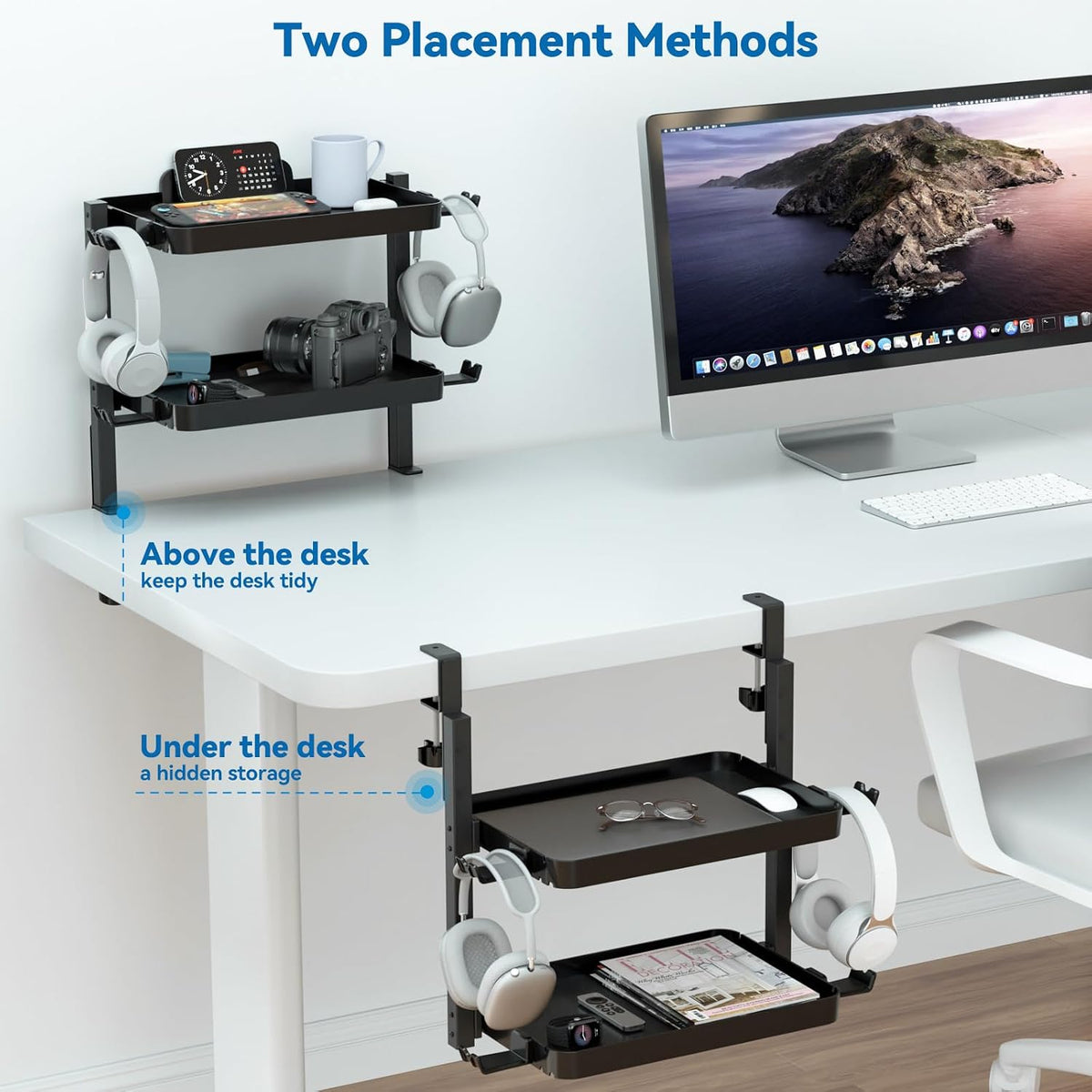 KDD Clamp On Desk Organizer - Adjustable 2-Tier Above or Under Desk Shelves w...