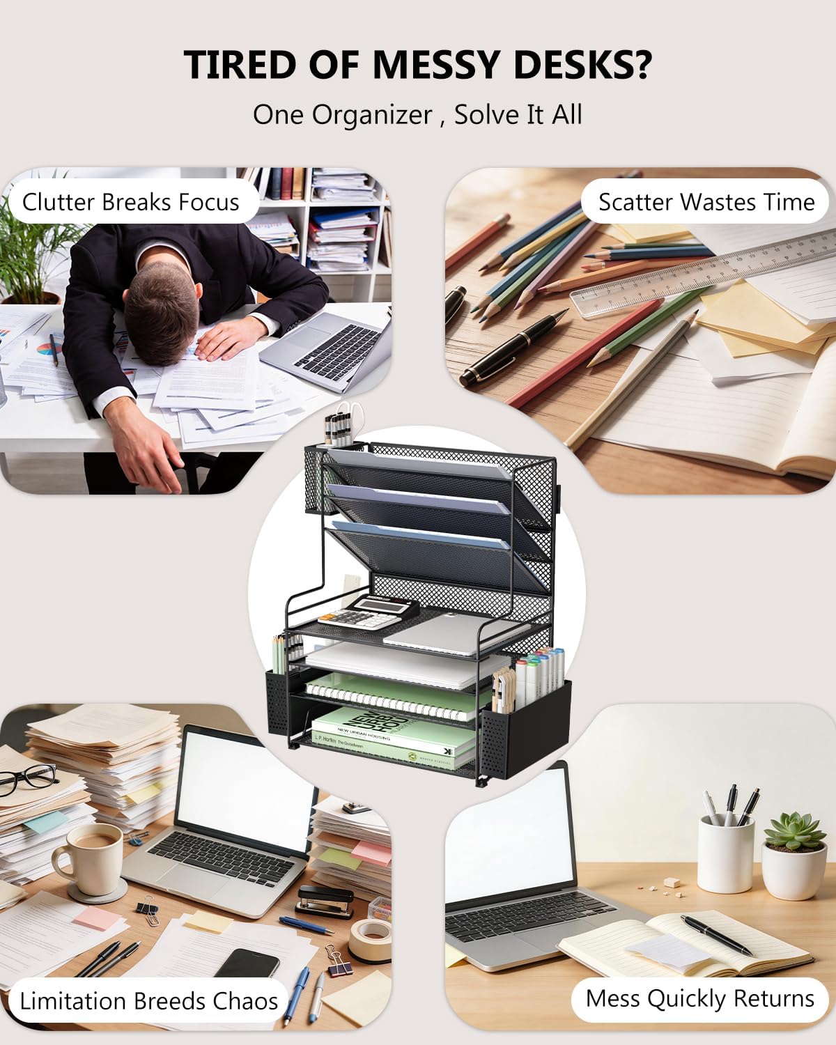 WALI Desk File Organizer, 7 Tier Desktop Paper Letter Tray Organizer with Dra...