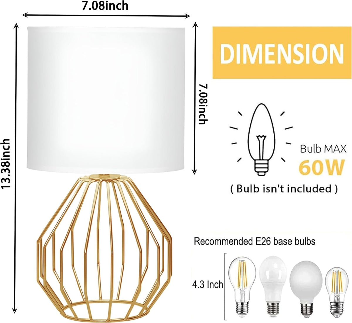 Small Gold Table Lamps, Set of 2 Bedside Nightstand Lamps with White Fabric S...