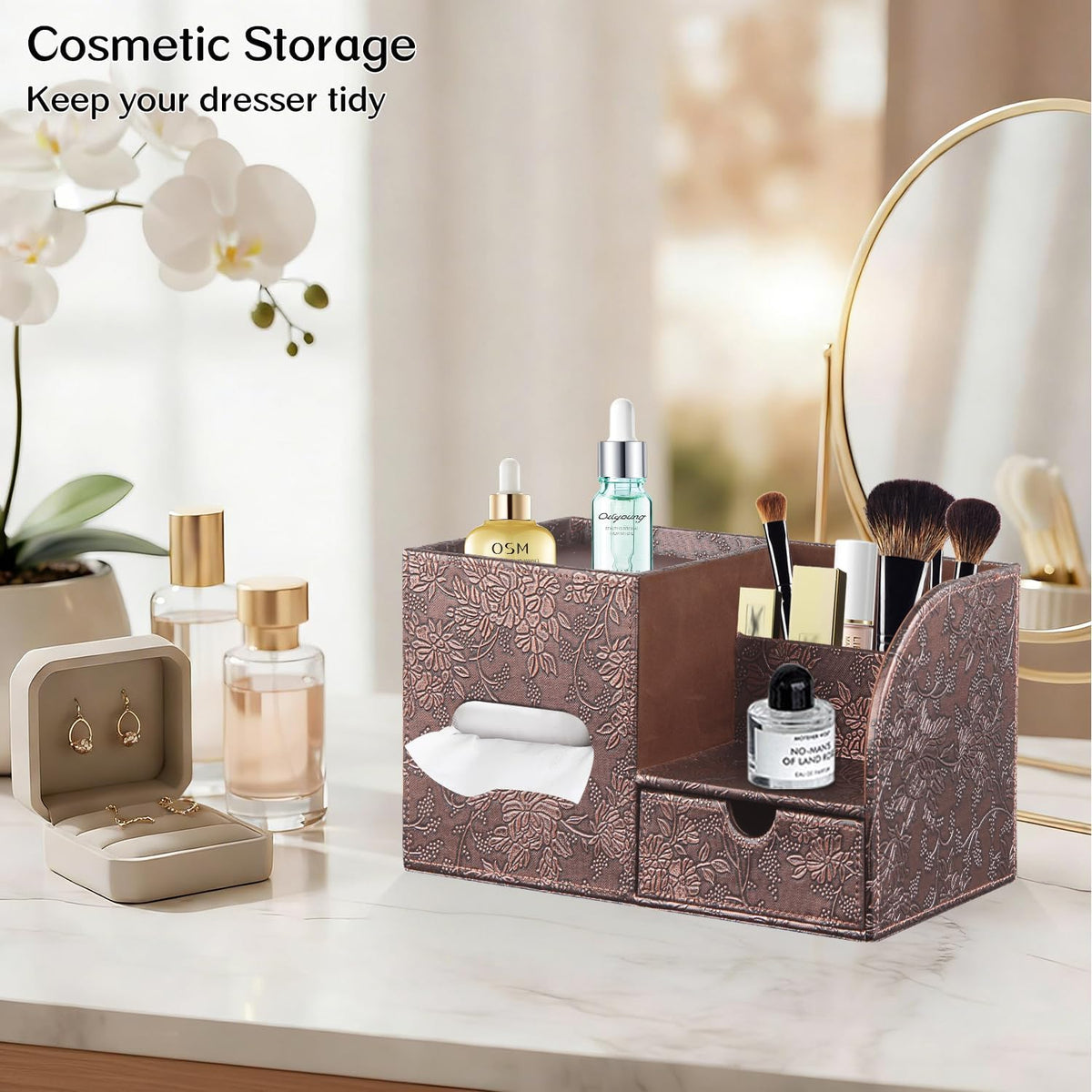 PU Leather Tissue Box Cover Square with Drawer Storage and Tray on Top