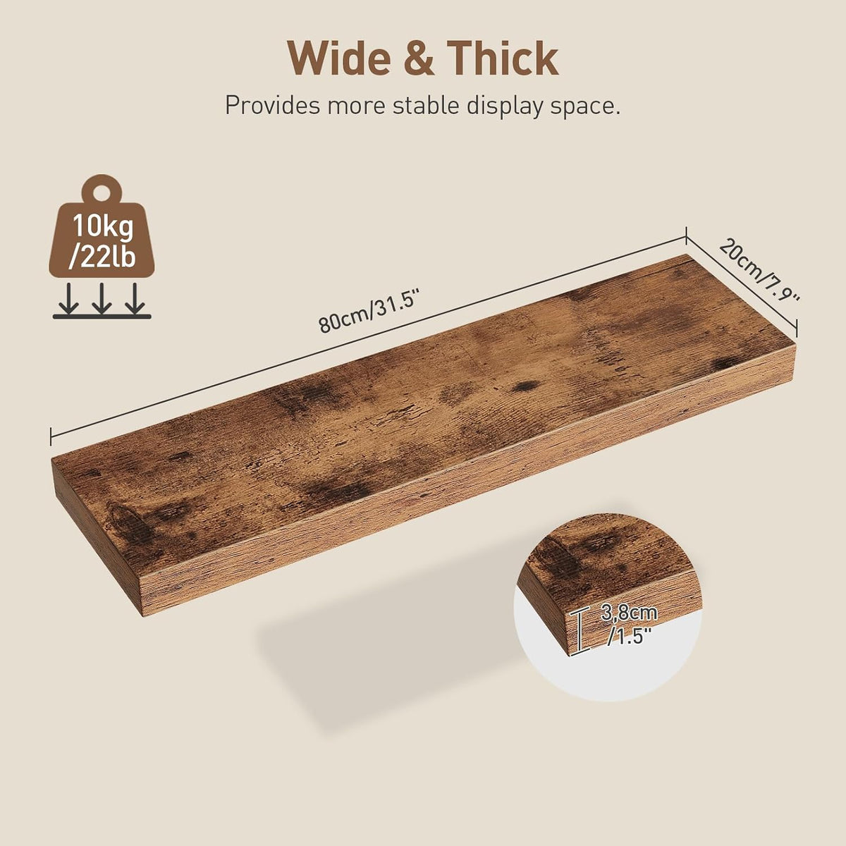 RALGEND Floating Shelves for Wall, 1.5" Thick Wall Shelf Set of 3 with I...
