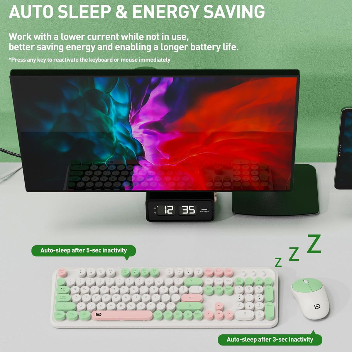 Wireless Keyboard and Mouse Set, 105 Keys Full-Size Cute Colorful Keyboard an...