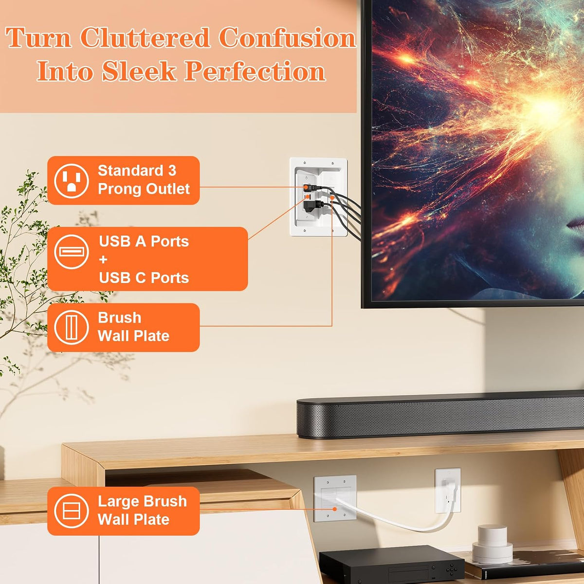 in Wall Cable Management Kit with Brush Wall Plate,AC Outlets & USB-A+USB...
