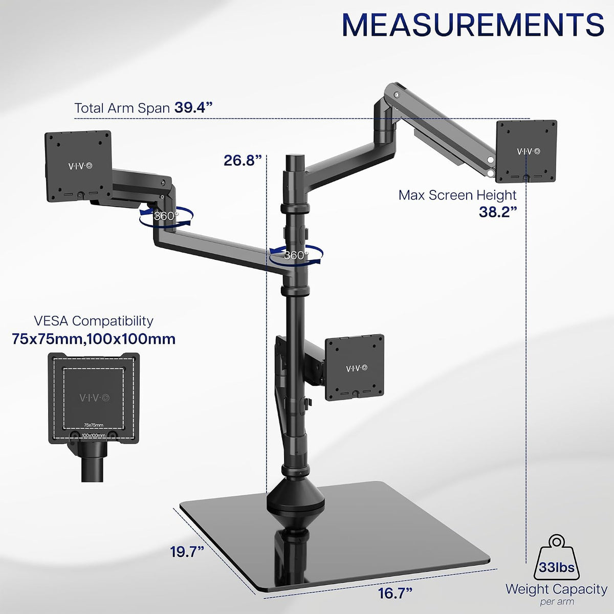 VIVO Pneumatic Arm Triple Ultrawide Monitor Desk Stand for Up to 49 inch Scre...