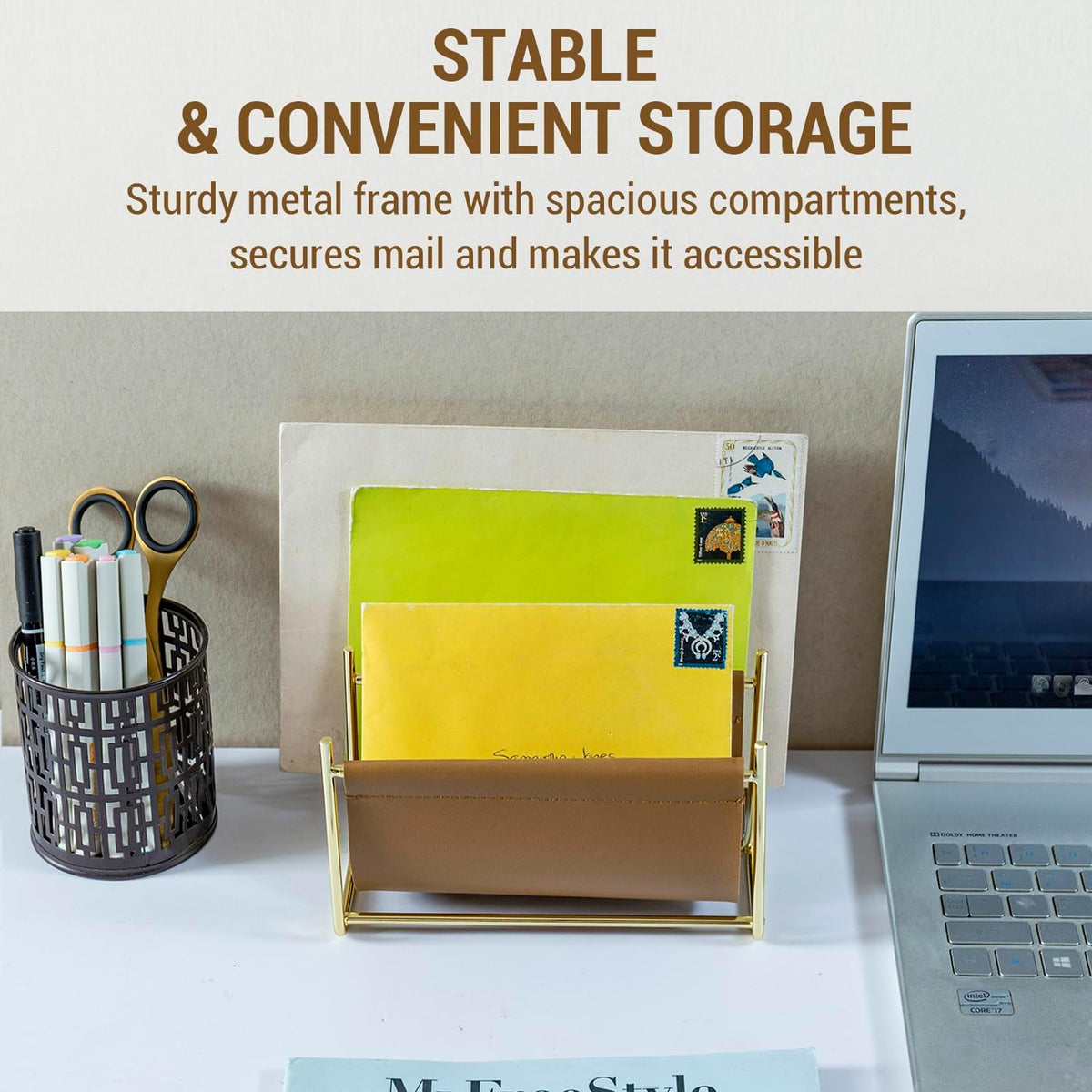 MyGift 2 Slot Modern Mail Holder, Deluxe Brass Tone Metal and Toffee Brown Le...