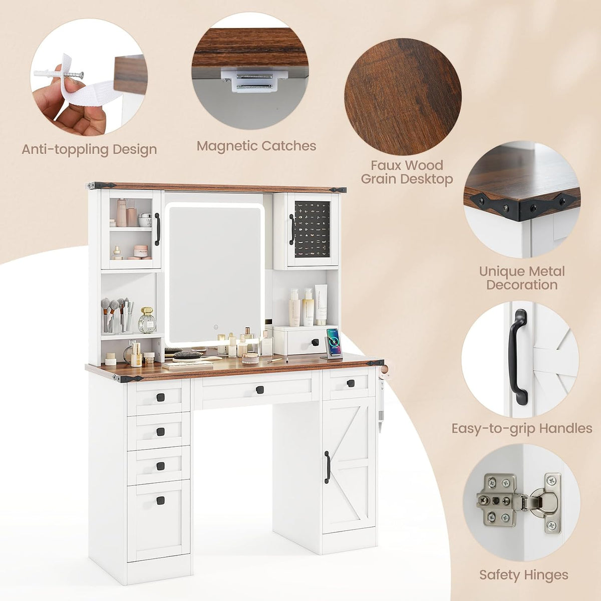 CHARMAID Farmhouse Vanity Desk with Lighted Mirror & 7 Drawers, 45 inch M...
