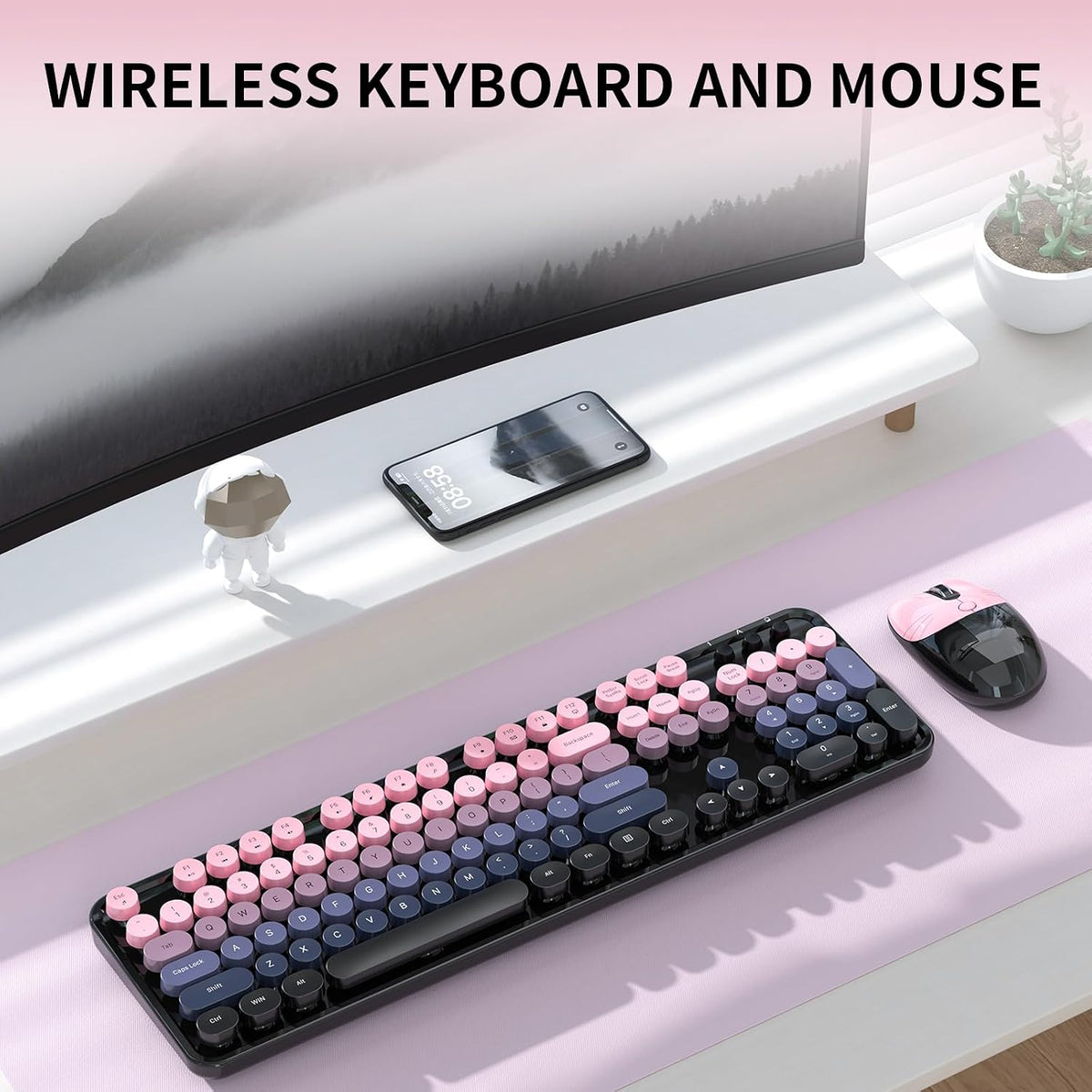 Wireless Keyboard and Mouse, MOFII 104 Round Keycaps Retro Typewriter with OT...