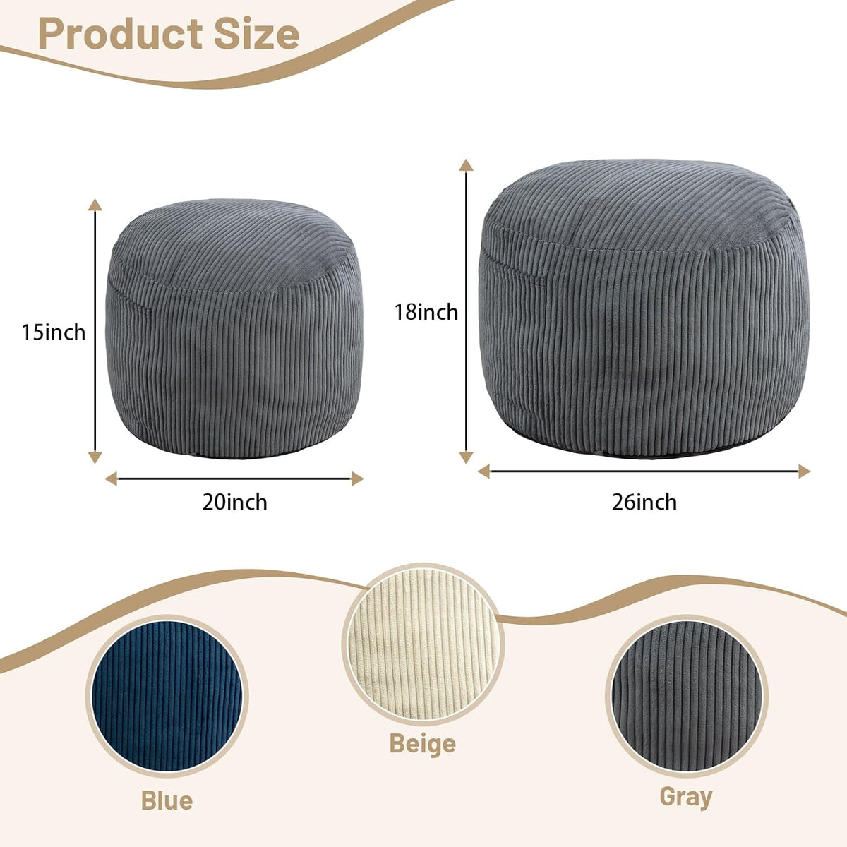 Round Stuffed Pouf Ottoman (Gray, 26" D x 26" W x 18" H)