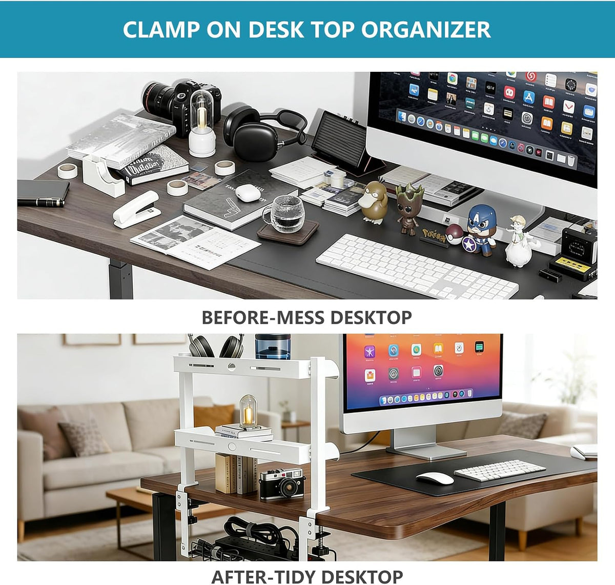 3 Tier Clamp on Desk Shelf,Desktop Organizer with Under Desk Hidden Basket