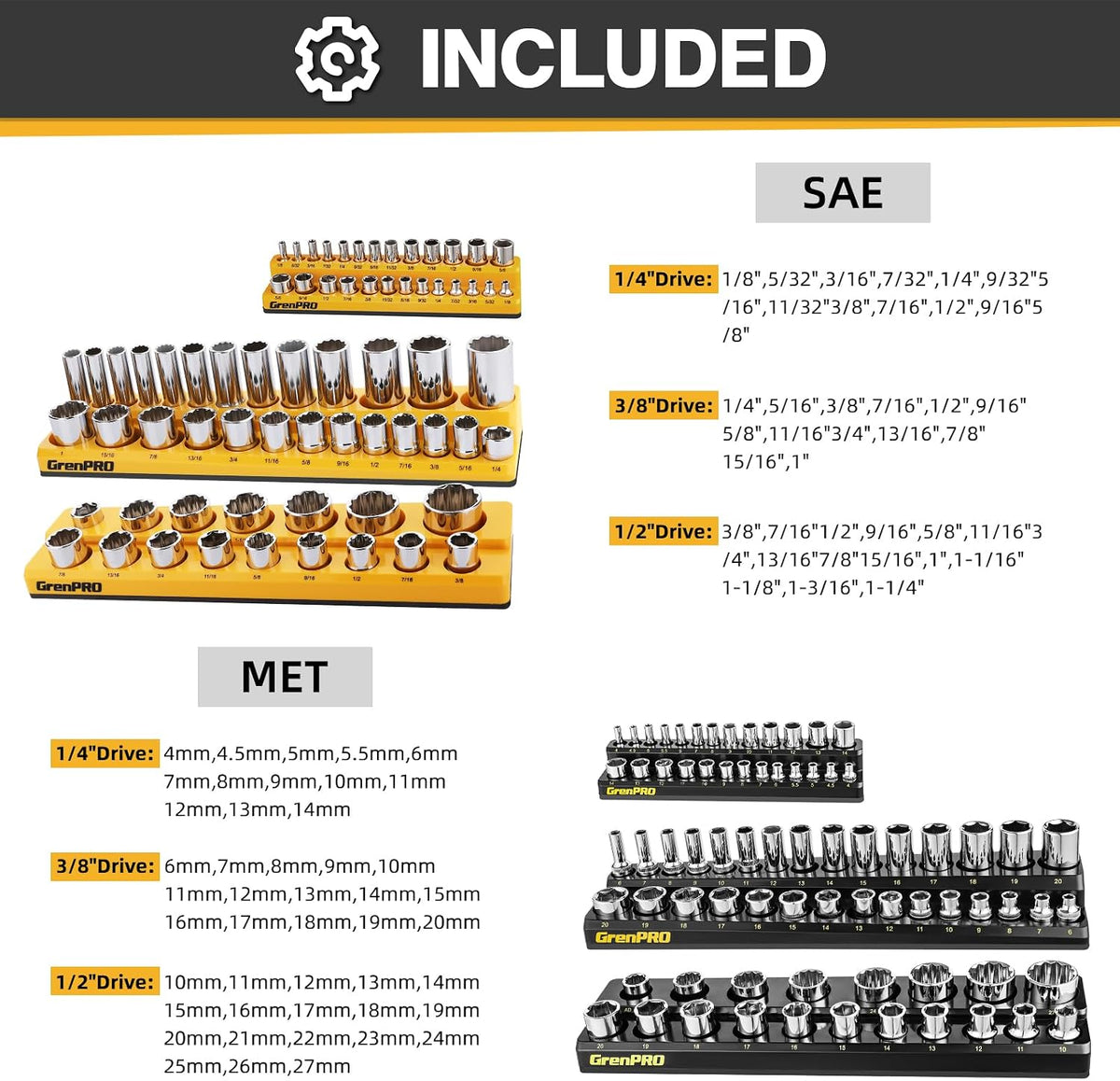 GRENPRO Magnetic Socket Organizer Set, 6PCS 1/4 3/8 1/2 SAE & Metric