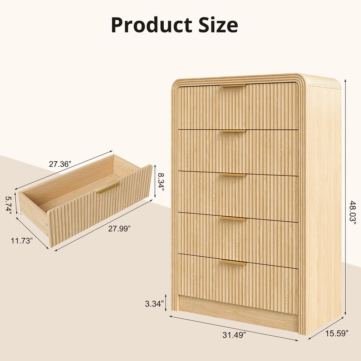 Decofy Fluted Wood Dresser 5 Drawers 48" Tall Curved Modern Chest Organizer