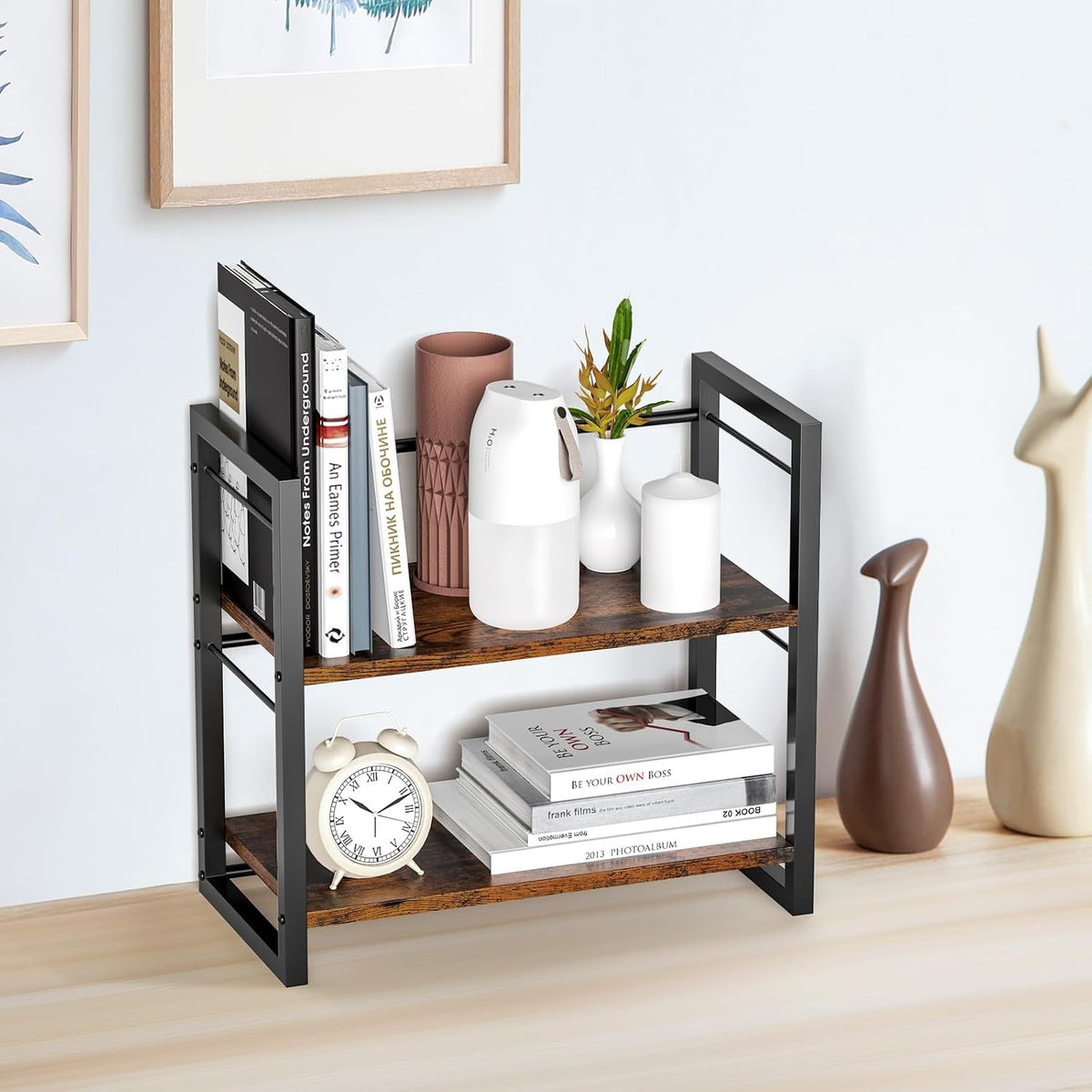 Office Desk Shelf Organizer, Wood Desktop Bookshelf Supplies Storage Rack, Sh...