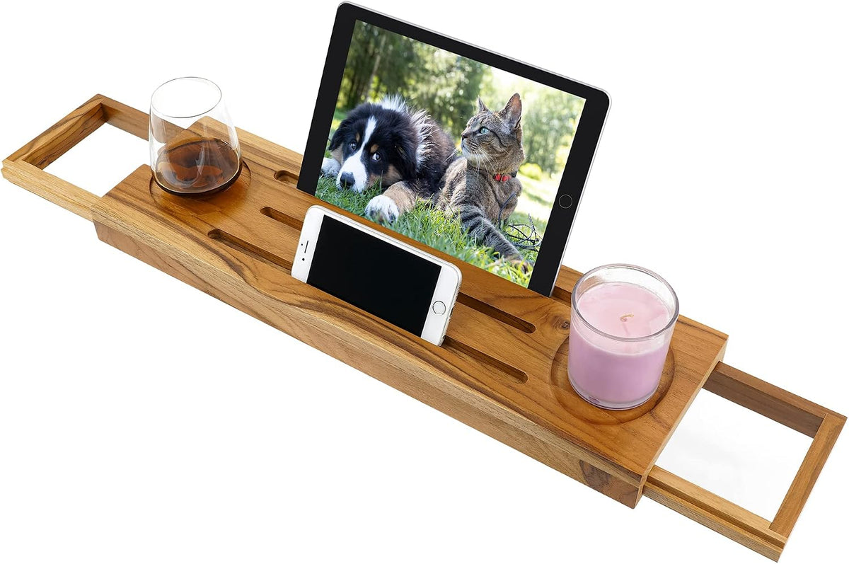 EcoFives Teak Bathtub Tray Caddy - Expandable Bath Tray - Adjustable Organize...