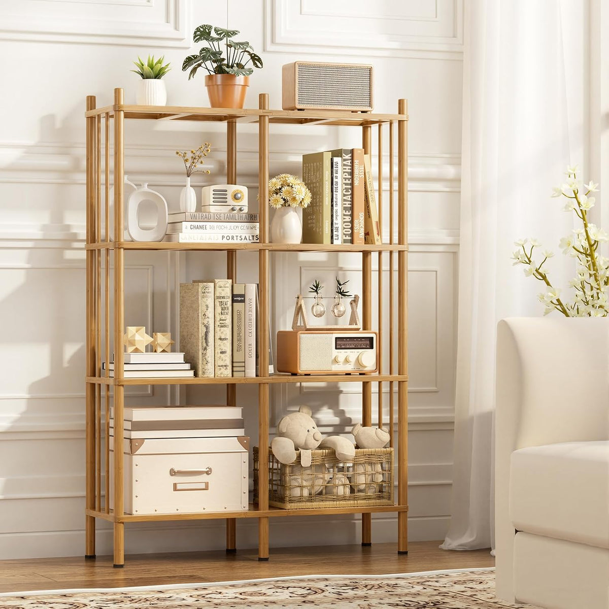 4 Tier Book Shelf, Wide Bamboo Bookshelf, Tall Bookcase with 8 Open Display S...