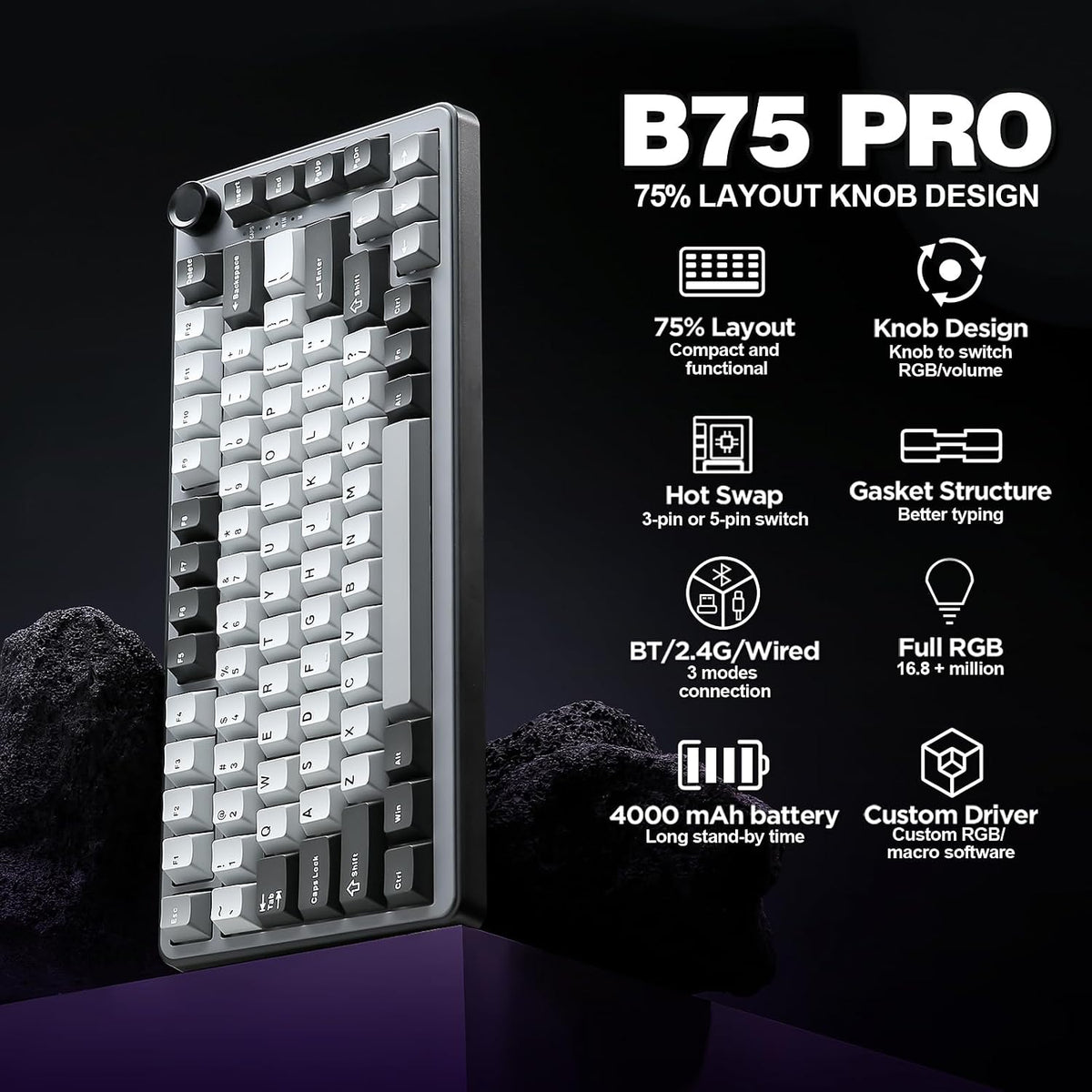 YUNZII B75 PRO 75% Wireless Mechanical Keyboard (Dark Grey,Cocoa V2)