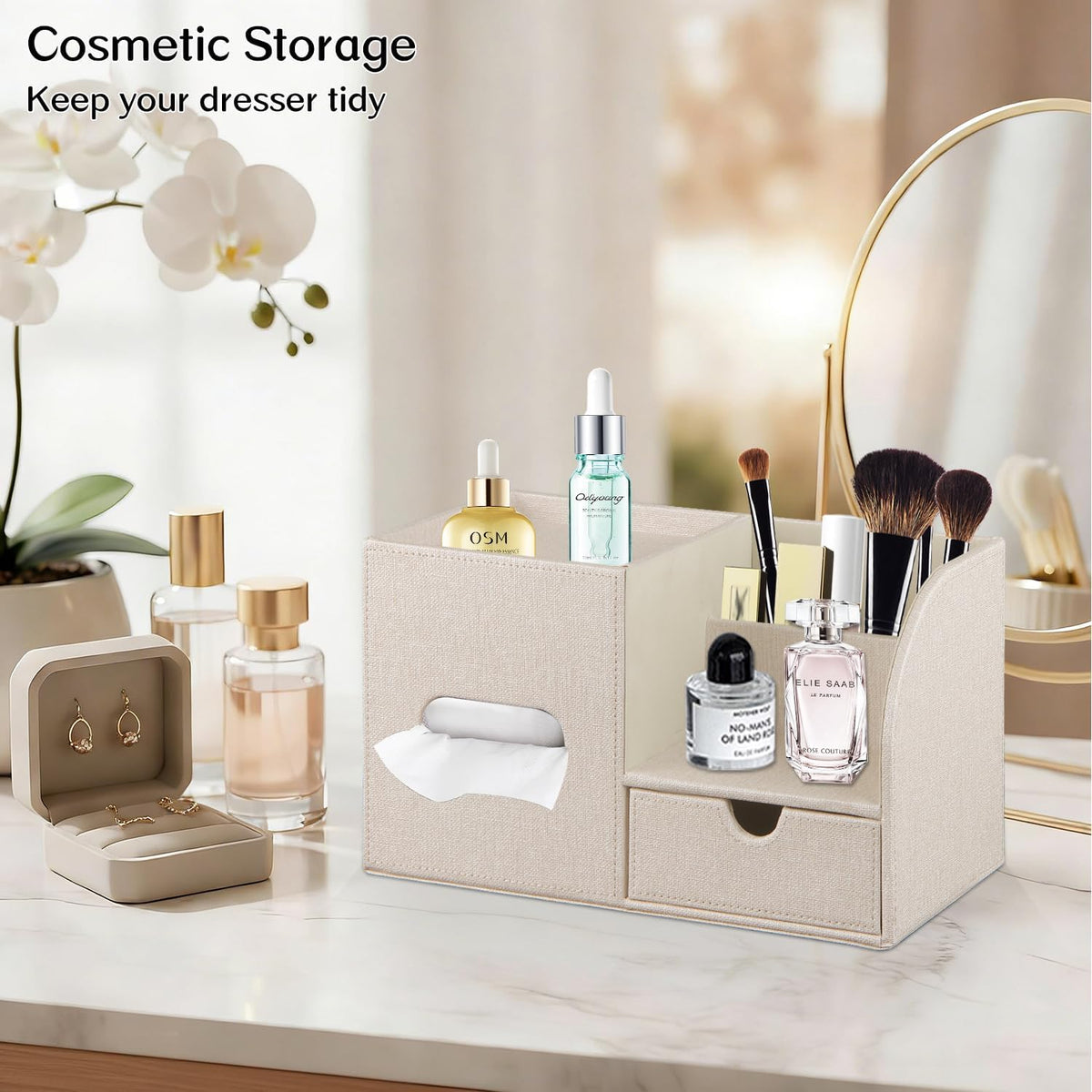 PU Leather Tissue Box Cover Square with Drawer Storage and Tray on Top