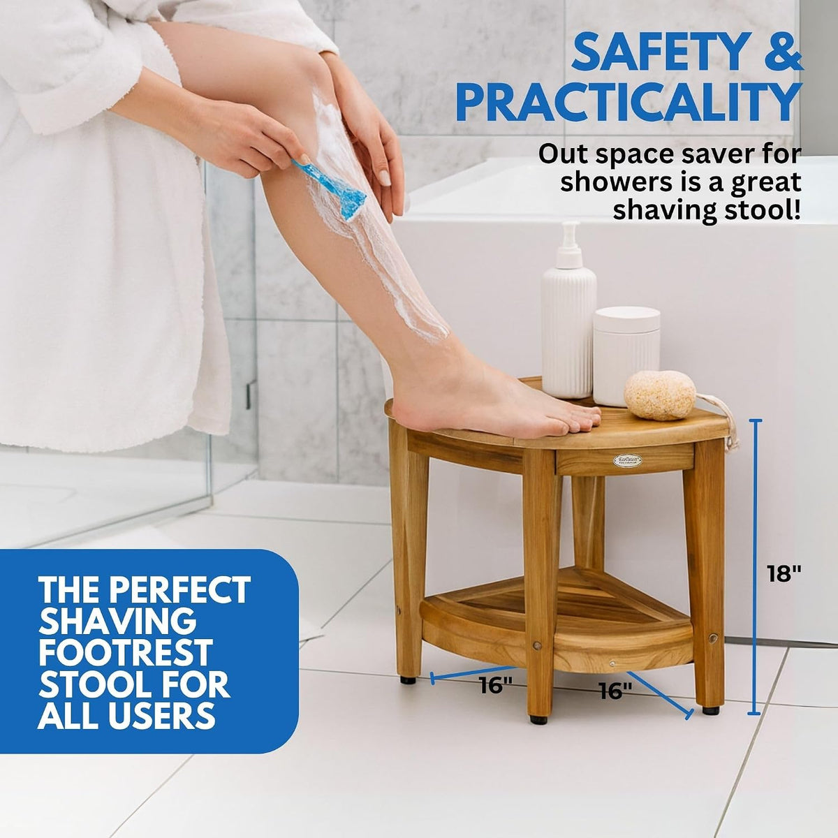 EcoDecors 18’’ Corner Teak Shower Bench, Shower Stool & Foot Rest