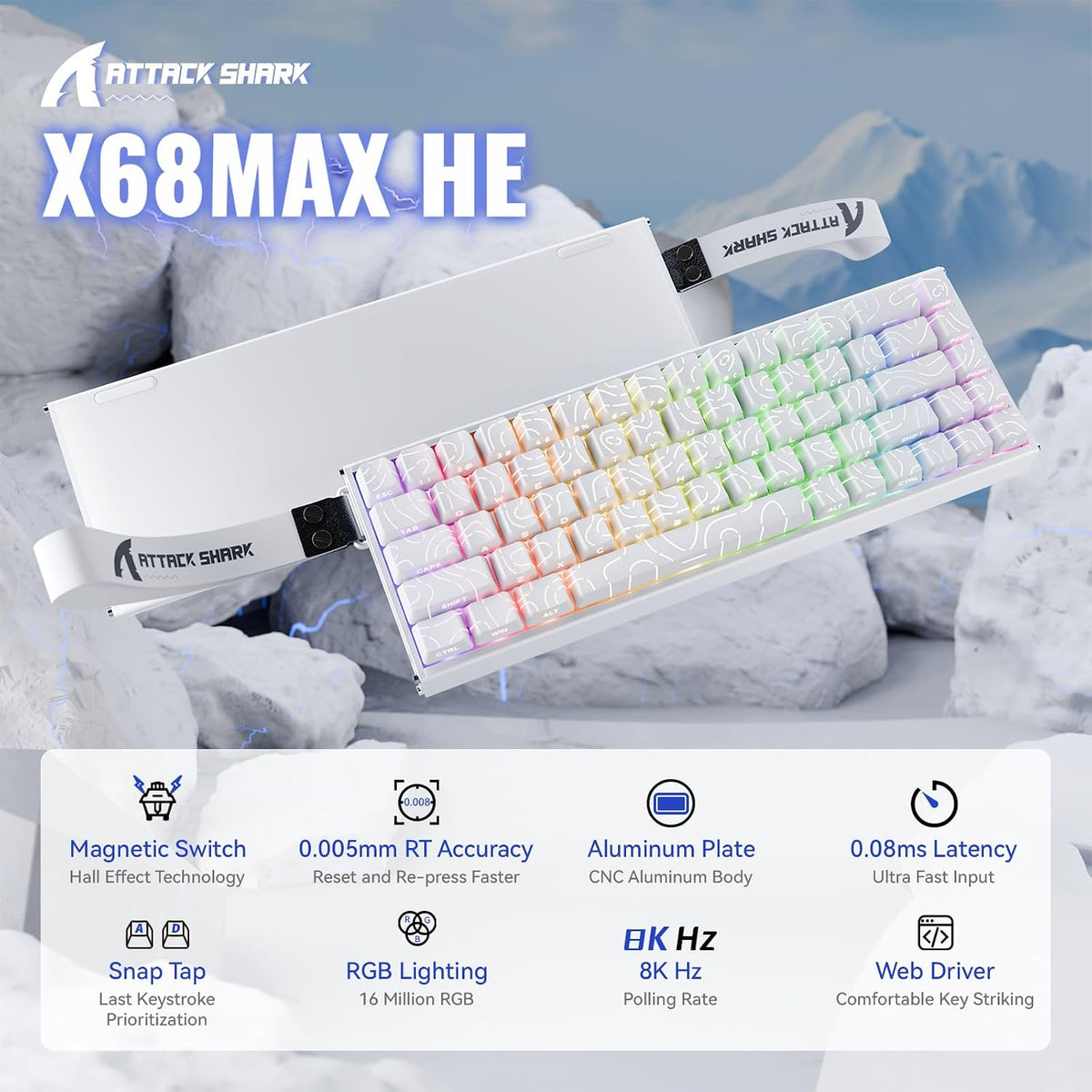 ATTACK SHARK X68MAX HE Wired RT RGB Mechanical Gaming Keyboard-WhiteContour