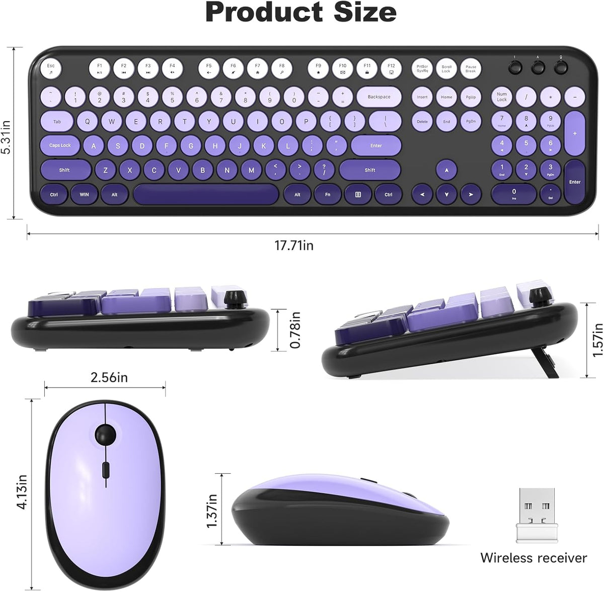 Wireless Keyboard Mouse Combo - Lovely Blackpurple-Gradient Rainbow Full-Size...