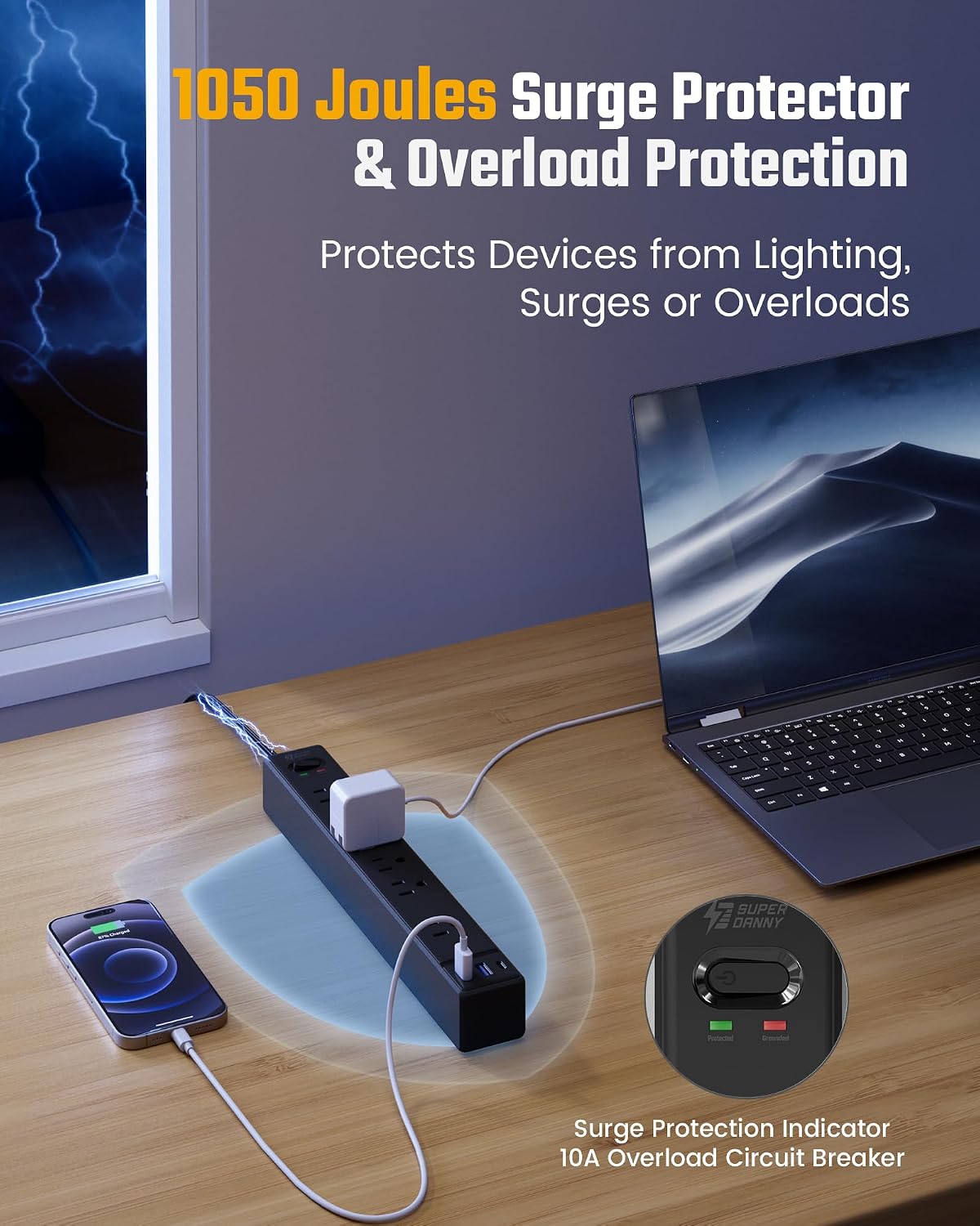20Ft Long Extension Cord, SUPERDANNY Flat Plug Surge Protector Power Strip