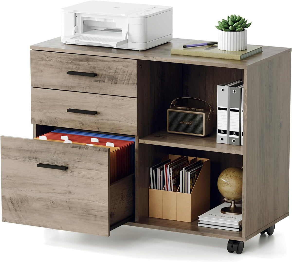 VINGLI 3 Drawer Wood Lateral File Cabinet with Adjustable Shelves & Locki...