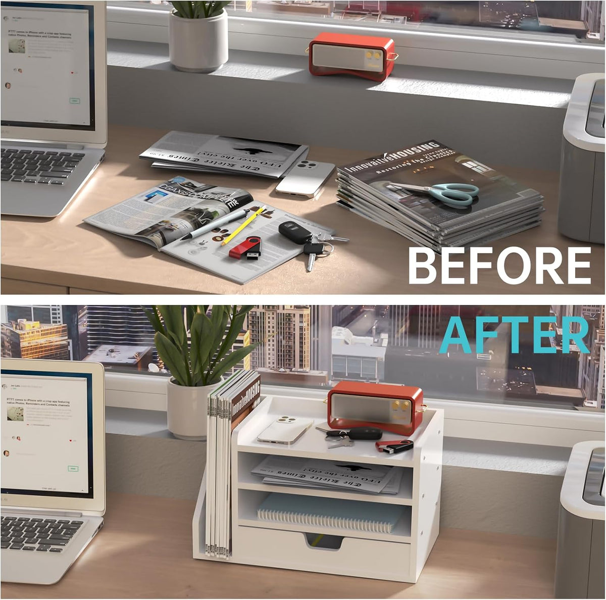 Multi-Tier Wood Desk File Organizer with Side File Rack, 3 Tray Shelves &...