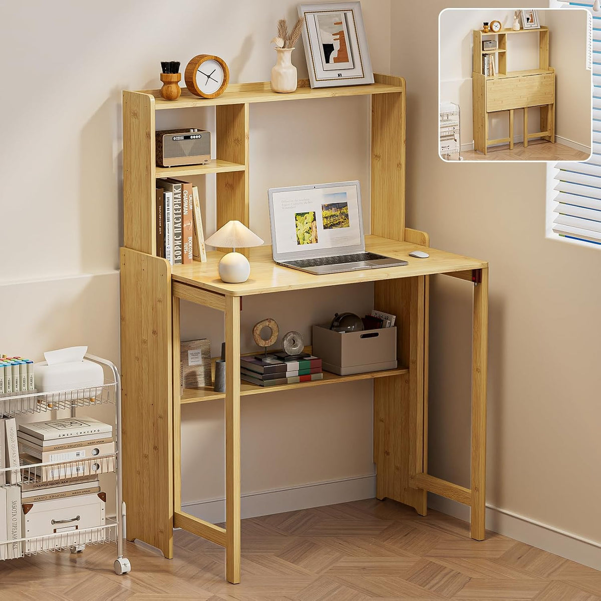 Folding Desk for Small Spaces, Bamboo Foldable Desk with Bookshelf, Natural