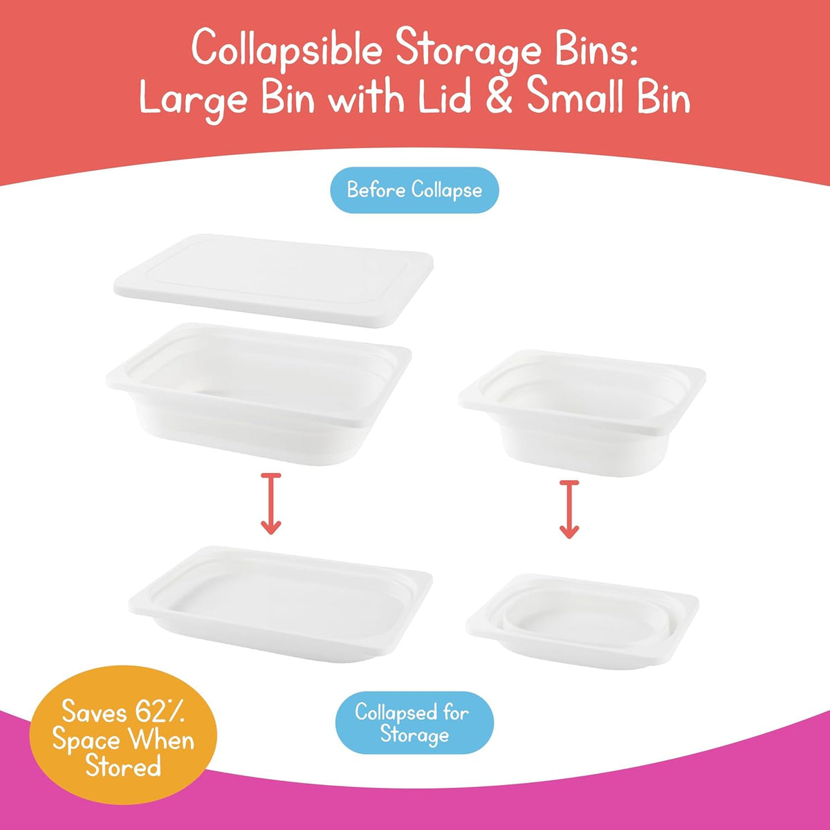 7 Days of Play Collapsible Storage Bins, 2-Pack, Large Bin with Lid + Small B...