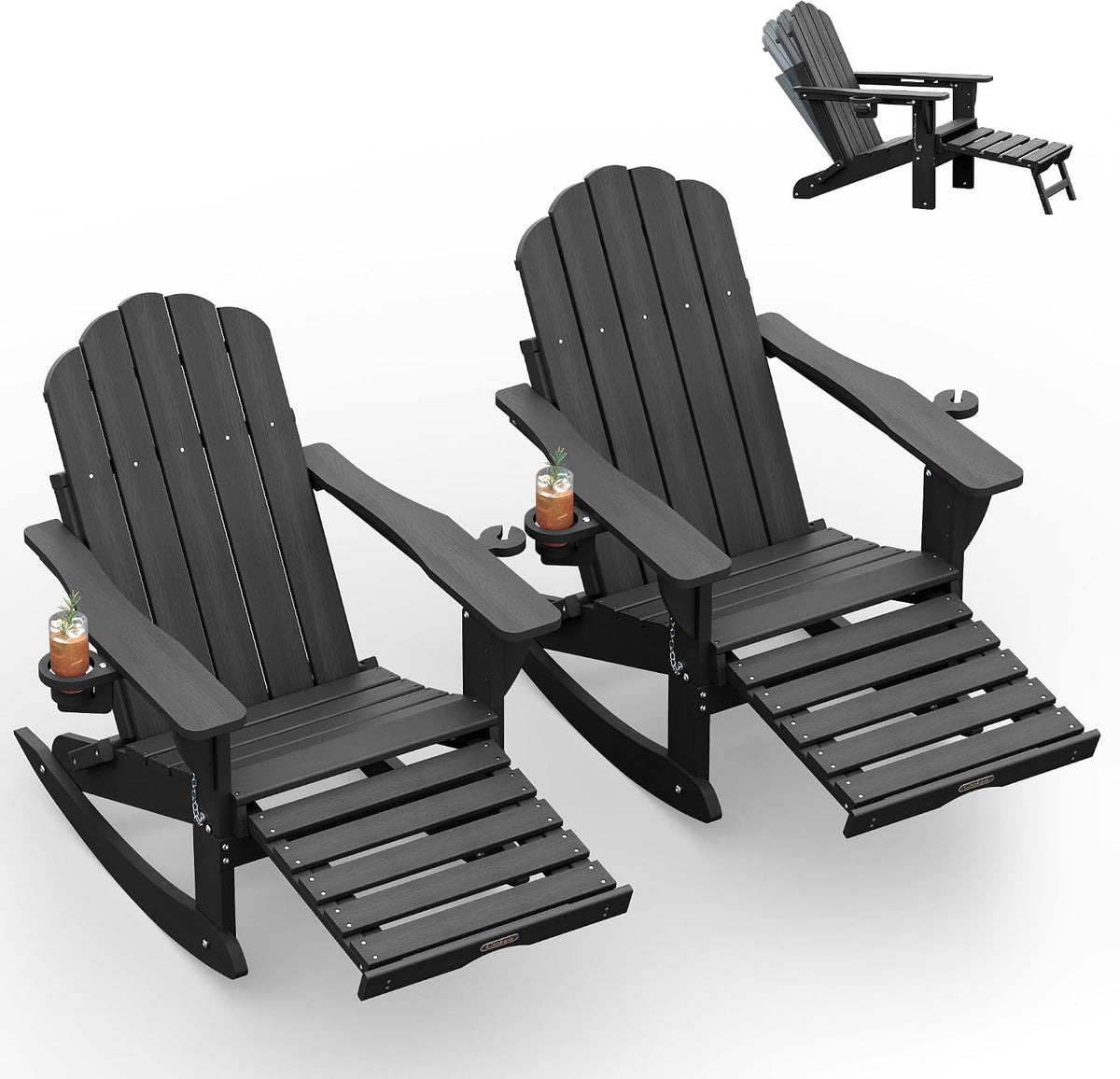 Ciokea Rocking Adirondack Chairs Set of 2 with Footrest (Dark Grey)