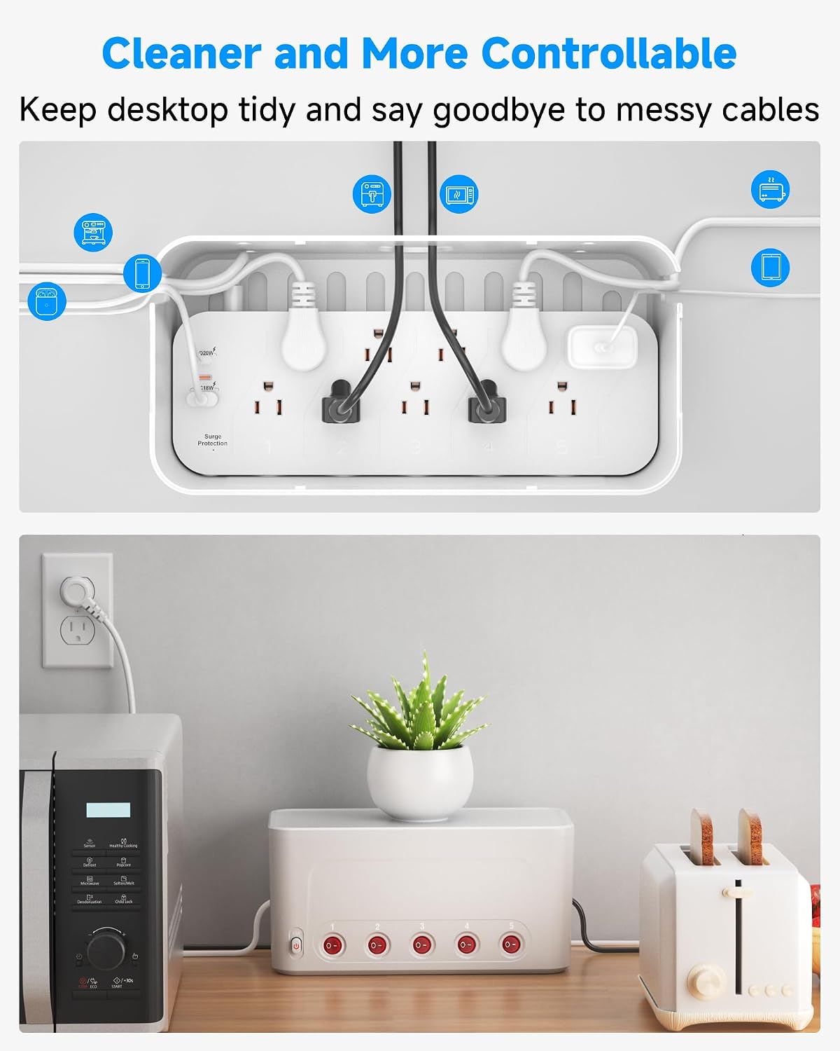 Power Strip with Cable Management Box, Large Cord Organizer Box,White