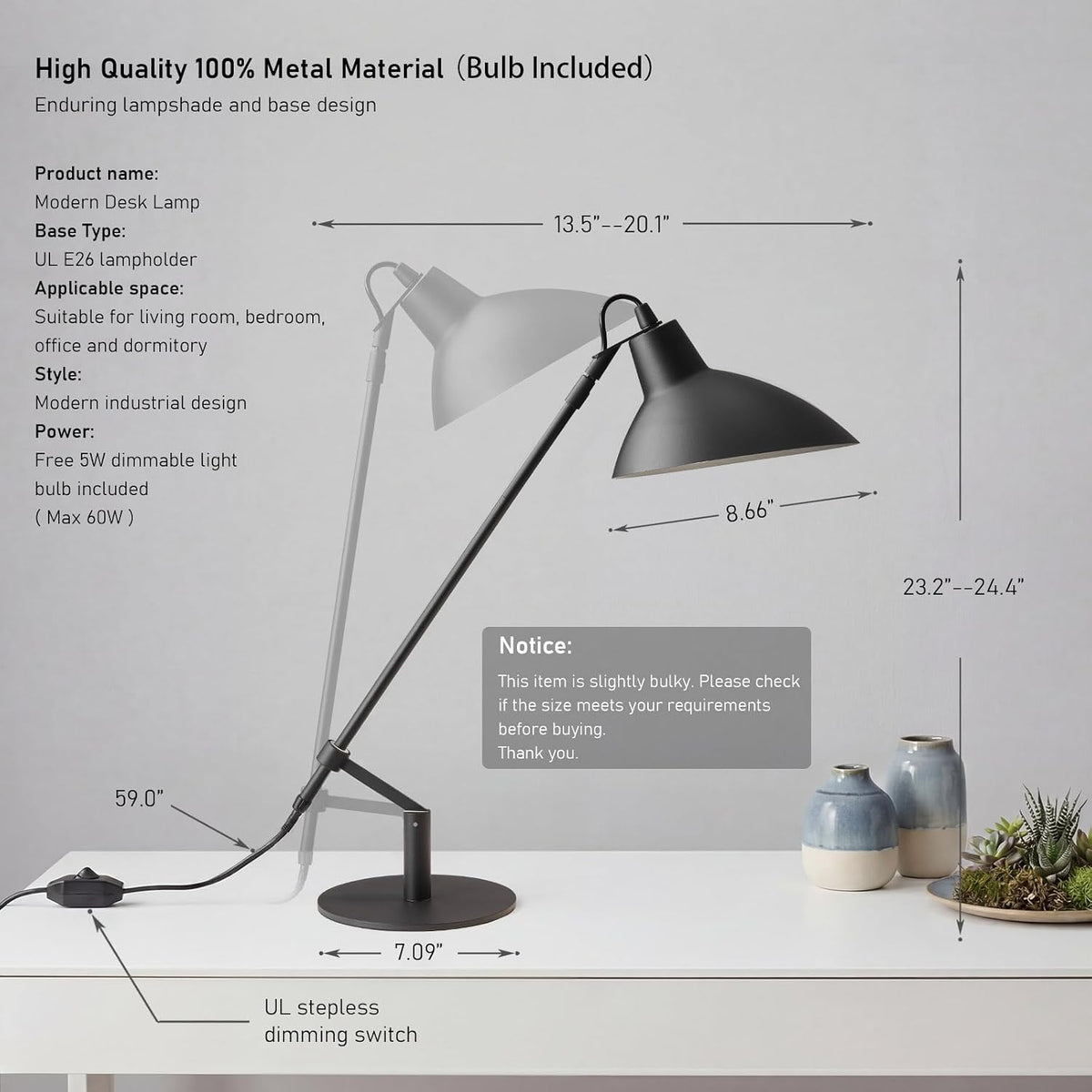 Desk Lamp Modern Industrial 100% Metal Adjustable Table Lamp 24", Natura...