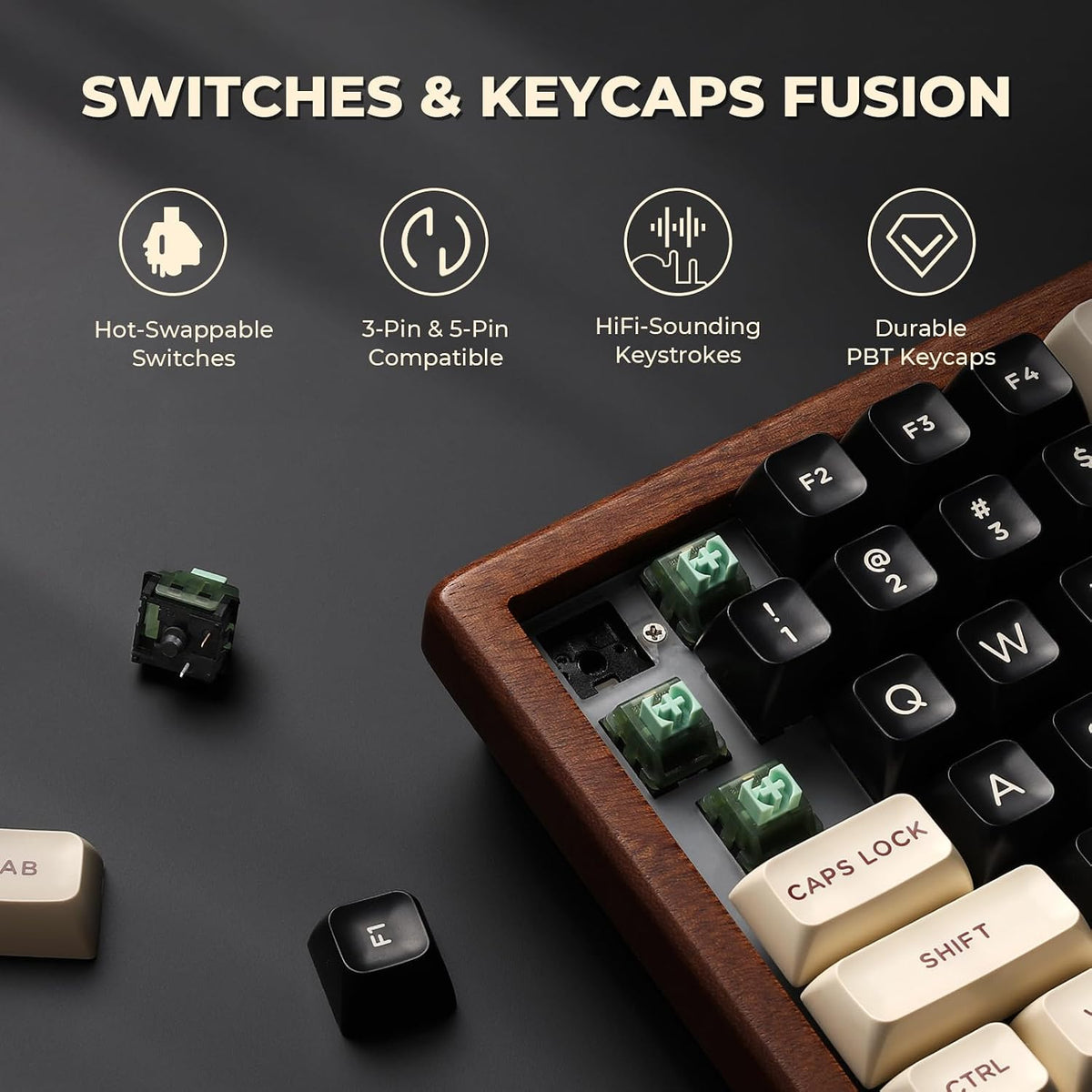 GLENCREAG WK84 USB-C Wired Wooden Mechanical Keyboard, 75% Layout 84 Keys, RG...